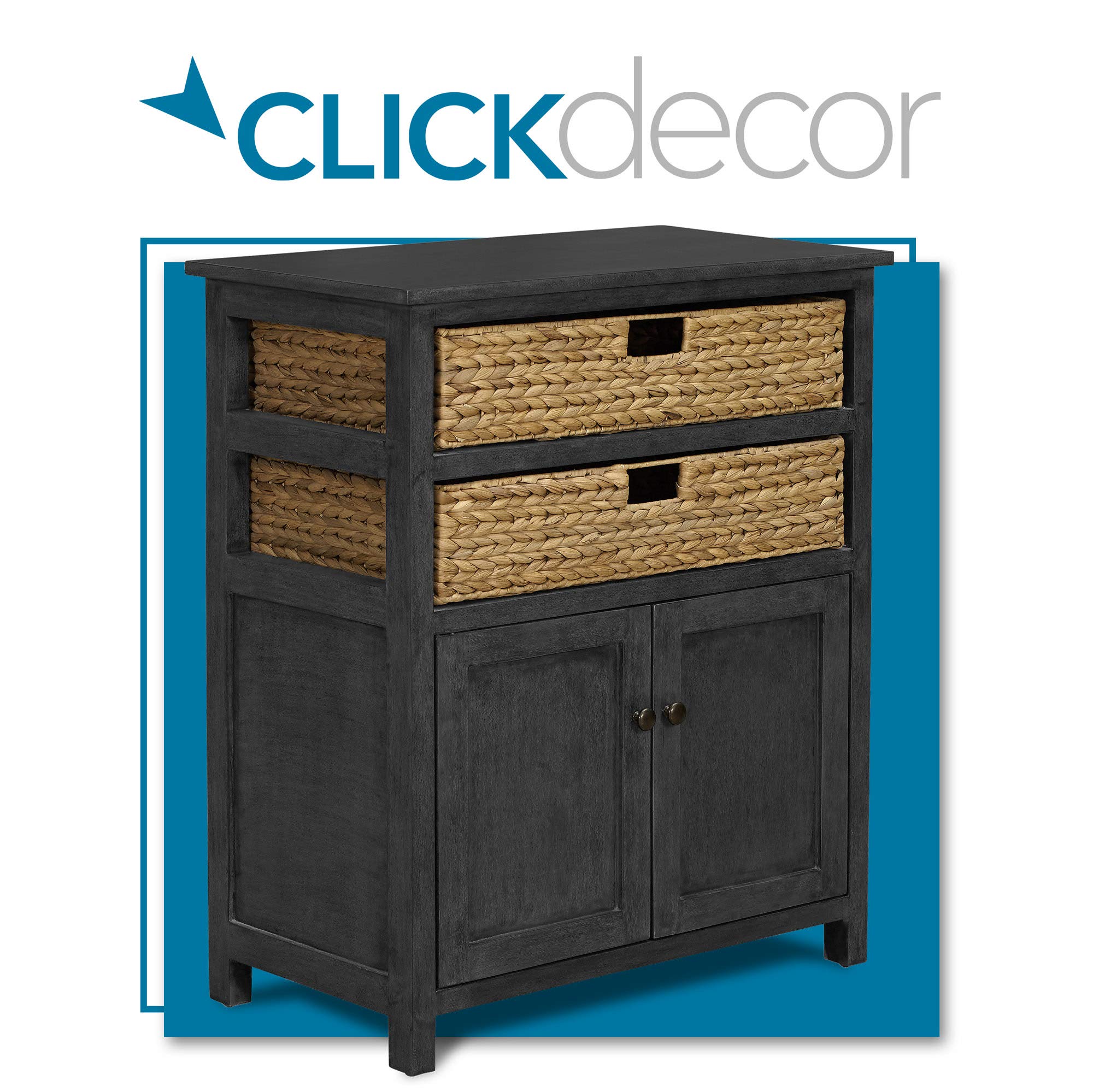 Nelson Storage Chest Cabinet with 2 Wicker Baskets - Fully Assembled Dark Grey Rustic Farmhouse Accent Console for Kitchen, Living Room & Entryway - Perfect for Home Organization & Cottage Decor