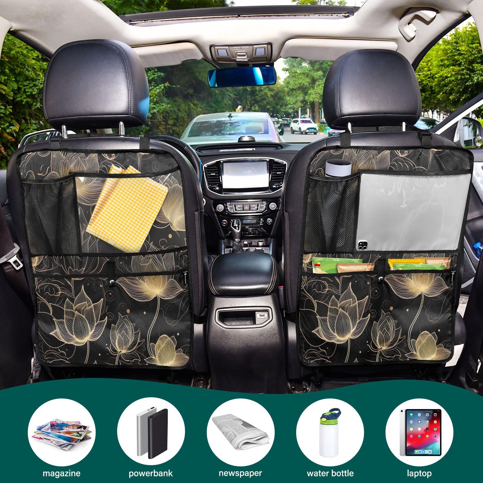Golden Lotus Black Car Seat Protector with Storage Pockets - Waterproof Back Seat Cover with Kick Mats - Universal Fit for Cars, SUVs & Trucks - Protect Seats from Kids, Pets & Spills (Perfect for Family Road Trips & Daily Commute)