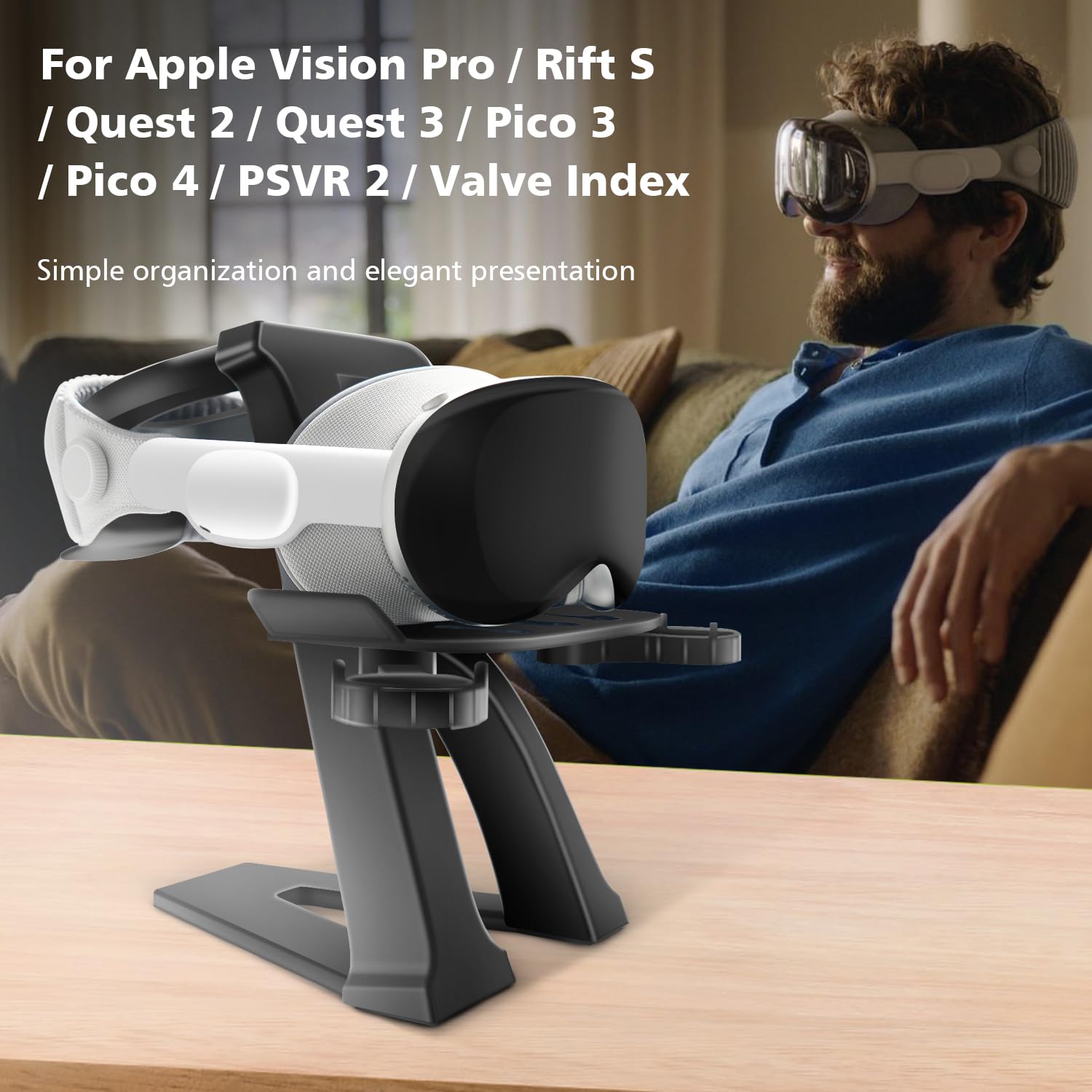Universal VR Headset Stand Dock for Vision Pro, Rift S, Quest 2/3, Pico 3/4, PSVR 2 & Valve Index - Stable VR Controller Charging Station - Perfect for Gaming Room, Office & VR Showcase (Black)