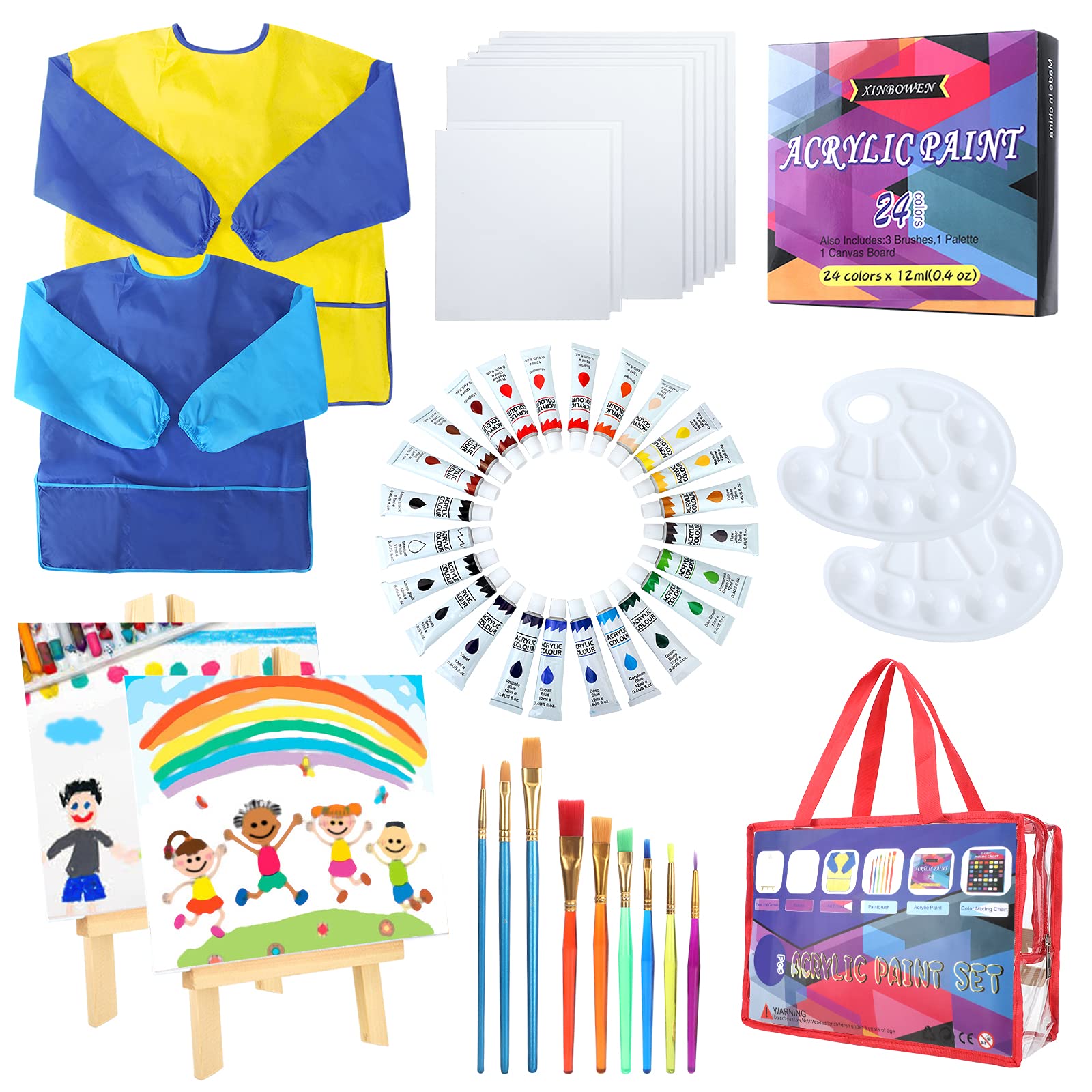 49-Piece Kids Acrylic Paint Set with 24 Colors, 2 Easels, 2 Smocks, 9 Brushes & 8 Canvases - Complete Art Supplies for Boys & Girls Ages 4-12 - Perfect for Home, School & Creative Painting Projects