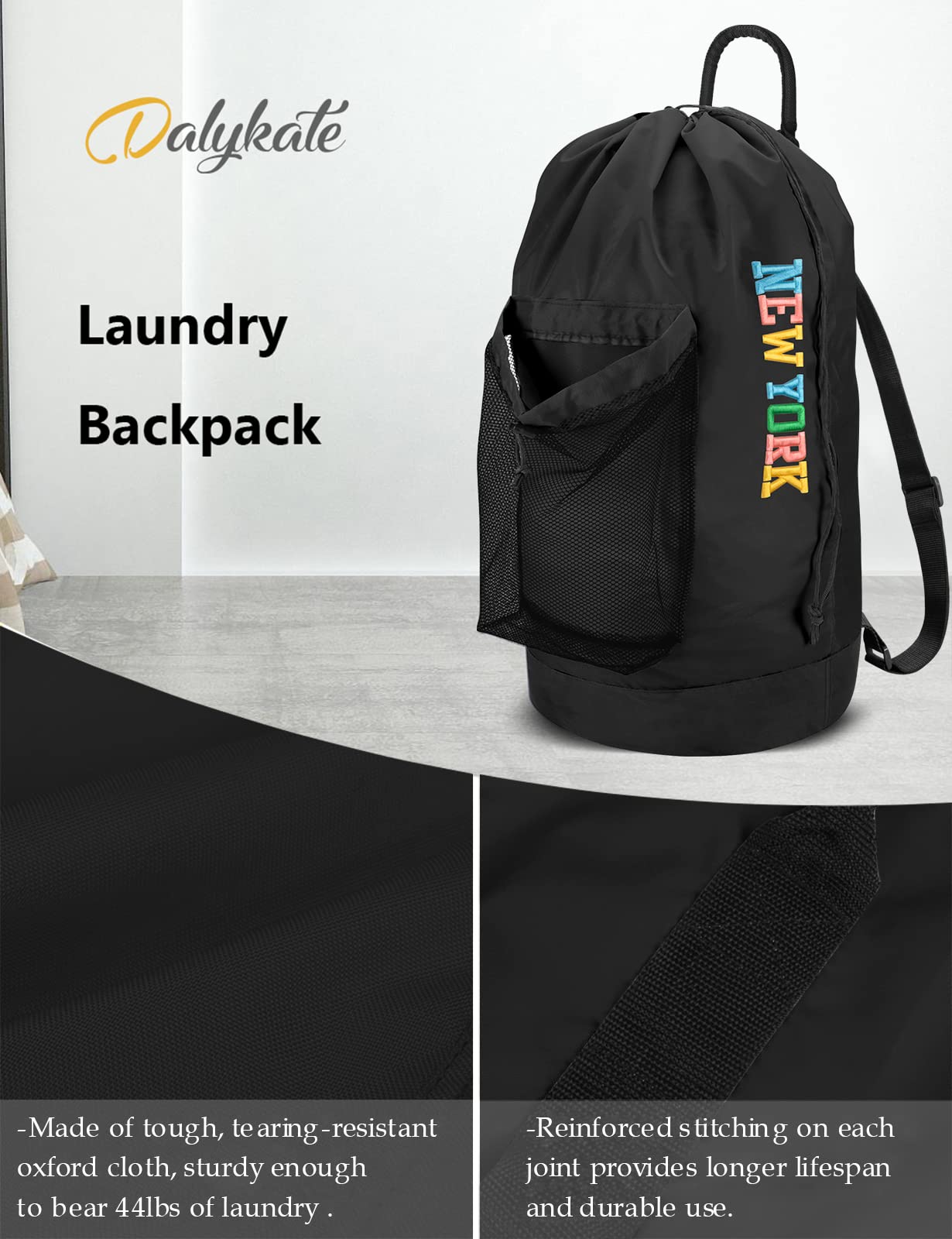 Dalykate Laundry Backpack with Shoulder Straps & Mesh Pocket - Nylon Drawstring Clothes Hamper Bag for Travel, Gym, Dorm & Camping