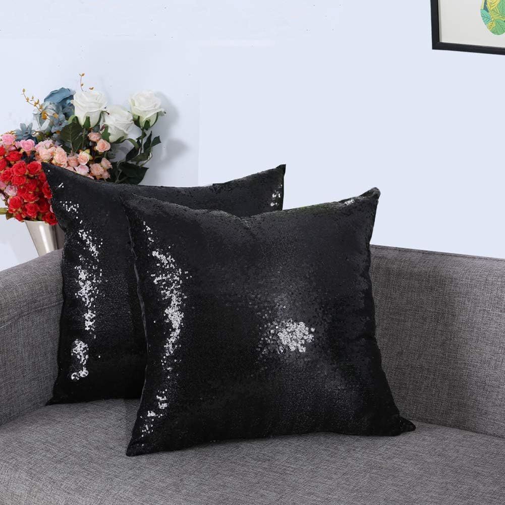 Eternal Beauty Set of 2 Black Sequin Decorative Pillow Covers 20x20 Inches - Luxury Throw Pillows for Sofa, Couch & Bed Decor - Perfect for Living Room, Bedroom & Home Styling