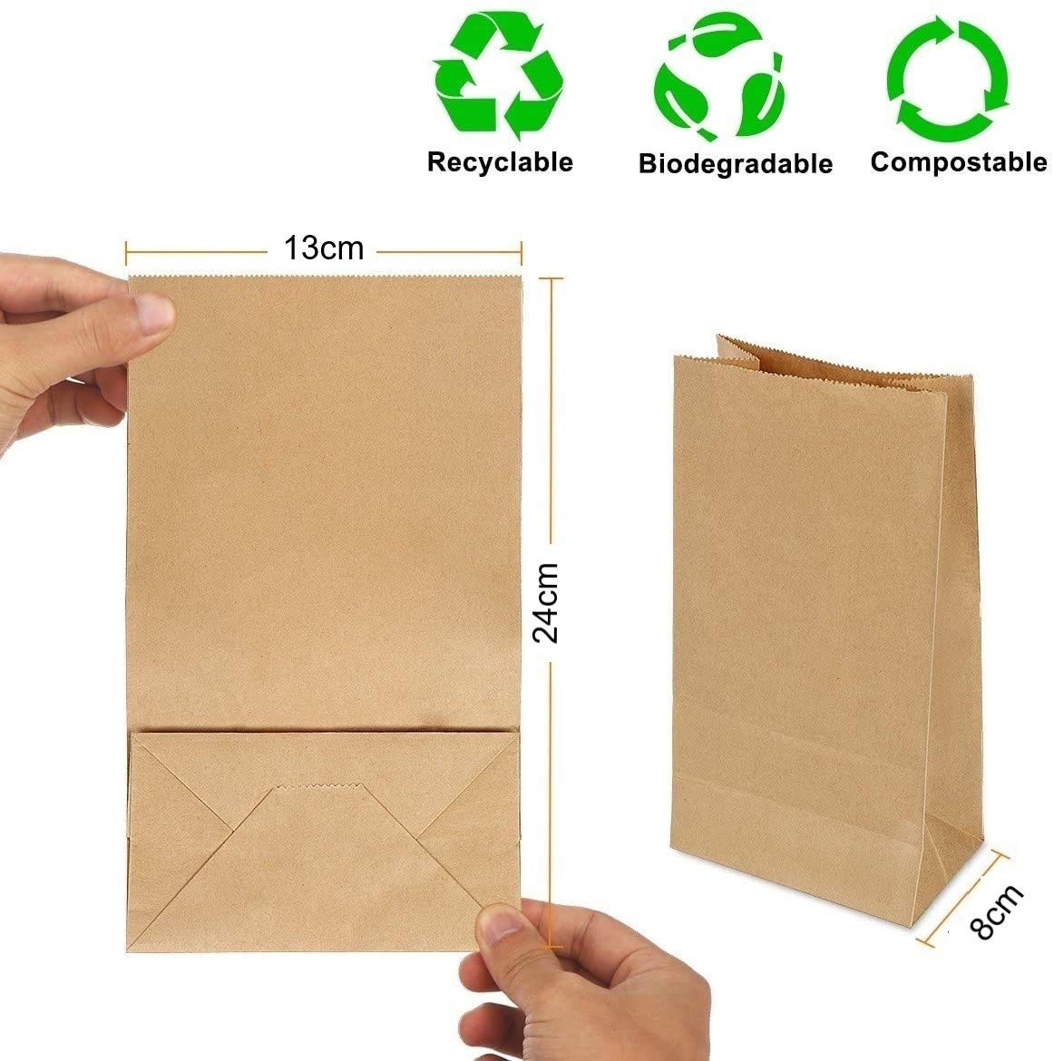 Eco-Friendly Kraft Paper Bags 100-Pack, 13x8x24cm Food-Grade Bags for Bread, Pizza, Sweets, Candies & Bakery - Perfect for Takeout, Party Favors & Gift Packaging