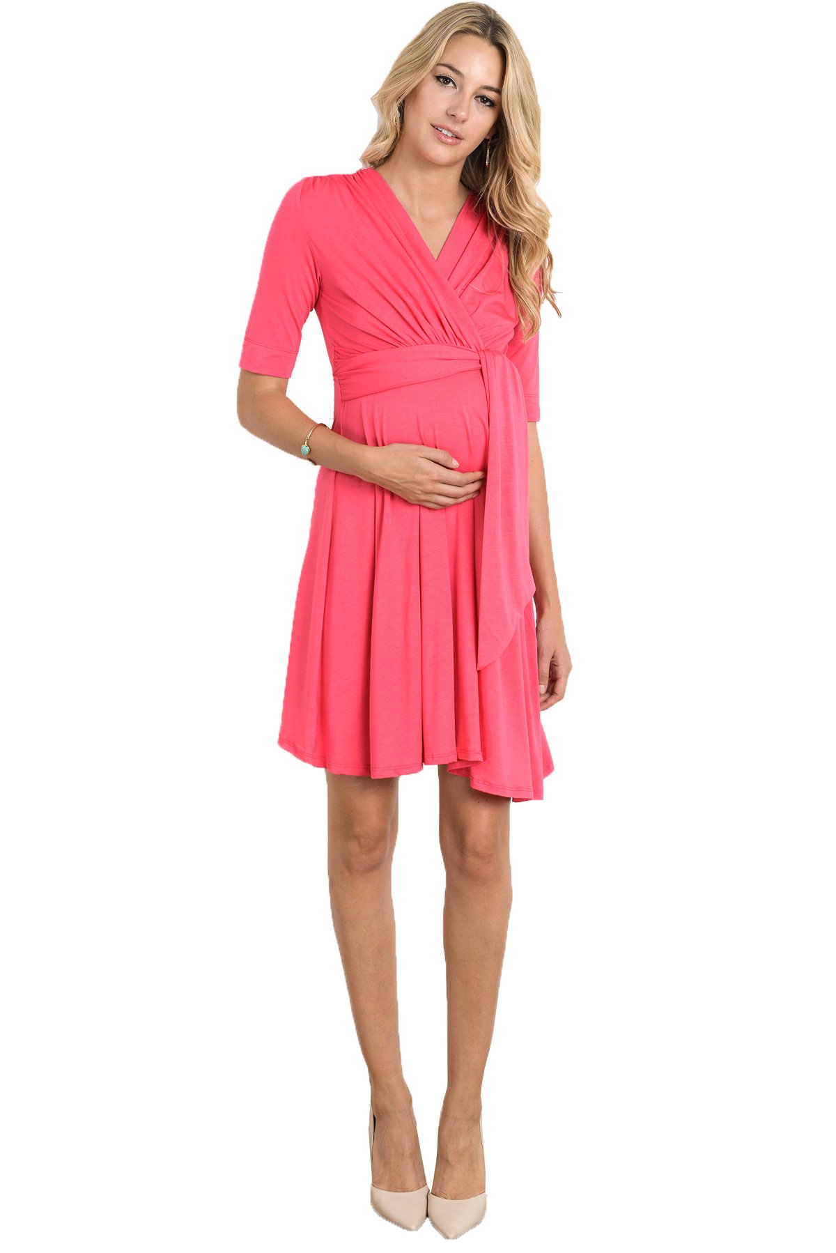LaClef Women's Maternity Wrap Dress with Adjustable Tie Waist Belt - Flattering Pregnancy Outfit for Work, Parties & Special Occasions