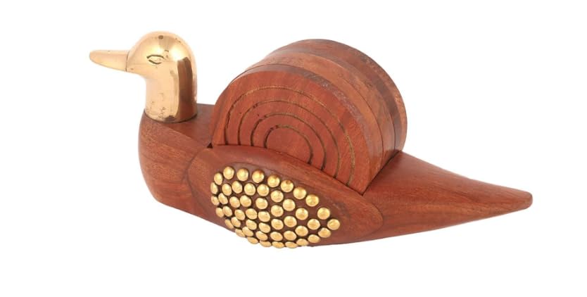 SHAMSI ARTS 6-Piece Wooden & Brass Duck Coaster Set for Dining Table, Coffee Mugs, Beer Cans, Bar Glasses – Elegant Tea Cup Coasters with Stand in Brown | Perfect for Home Decor, Kitchen, Office & Gift Giving