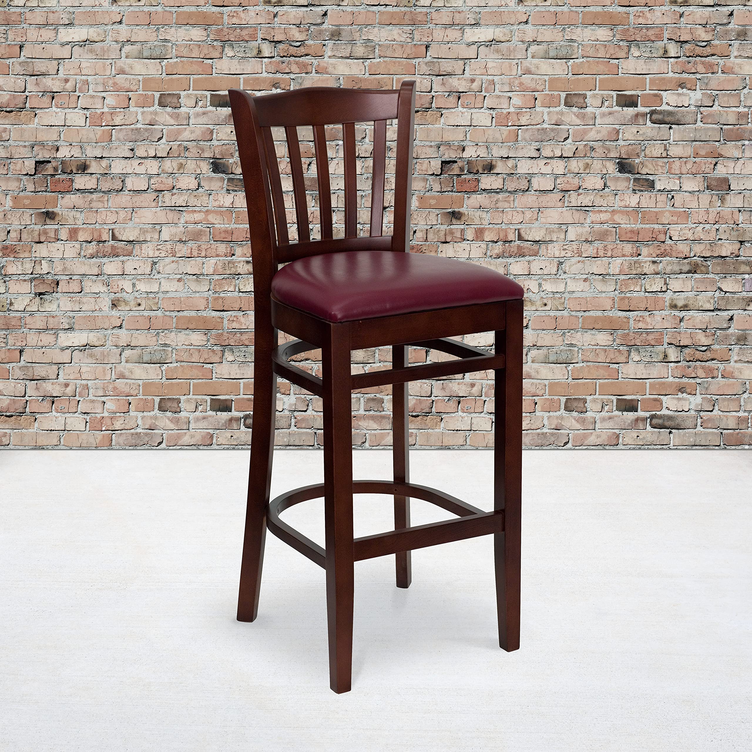 Mahogany Wood Barstool with Vertical Slat Back & Burgundy Vinyl Seat - Perfect for Kitchen Islands, Home Bars, and Dining Counter Stools