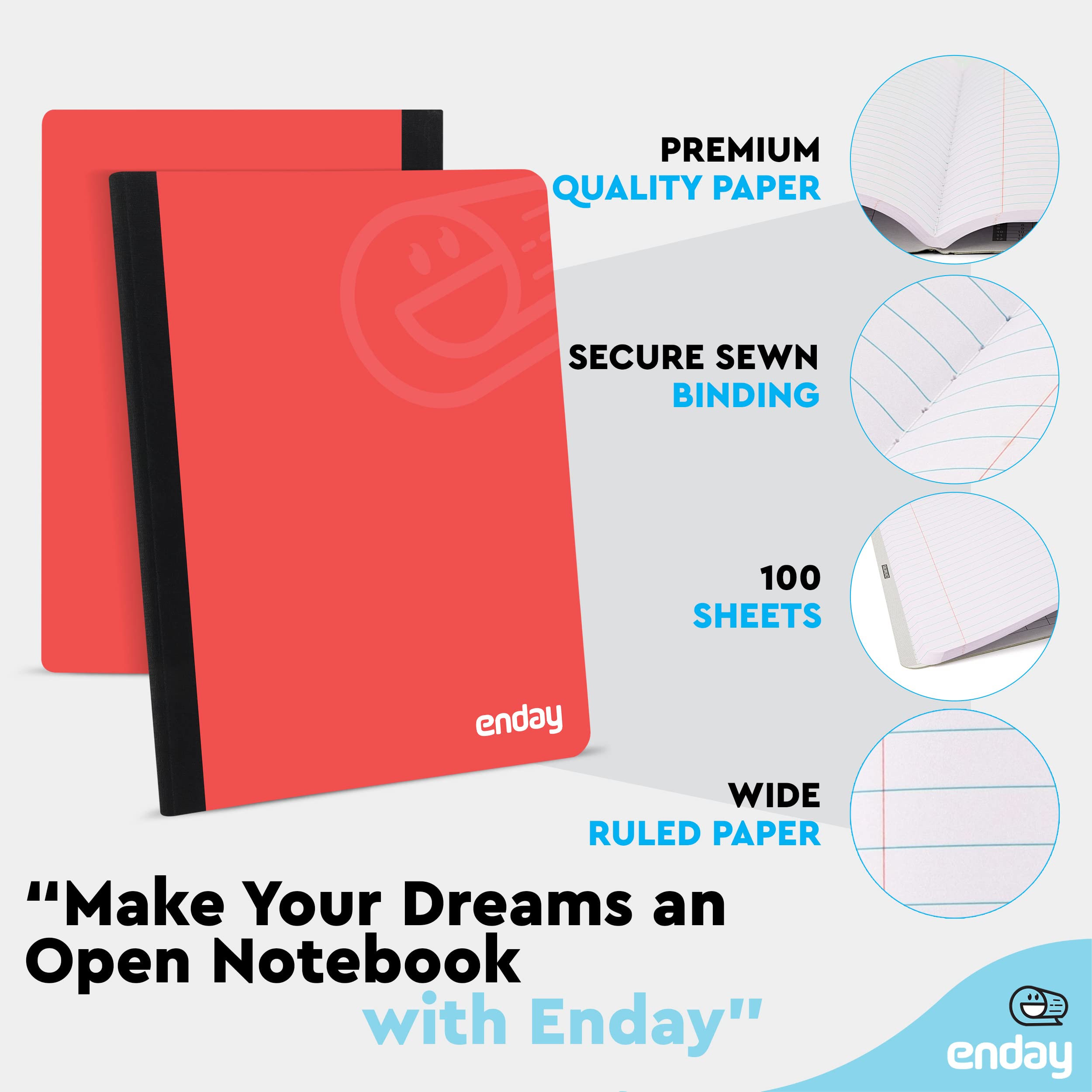 Enday 96-Pack Wide Ruled Composition Notebooks with Red Hard Covers - 100 Sheets Premium Lined Paper for School, Office & Journaling - Bulk Pack of Durable Writing Notebooks for Students & Professionals
