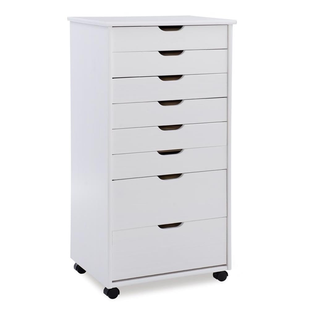 8-Drawer White Wash Wood Storage Cart - Transitional Style Organizer for Bedroom, Bathroom, or Office Storage