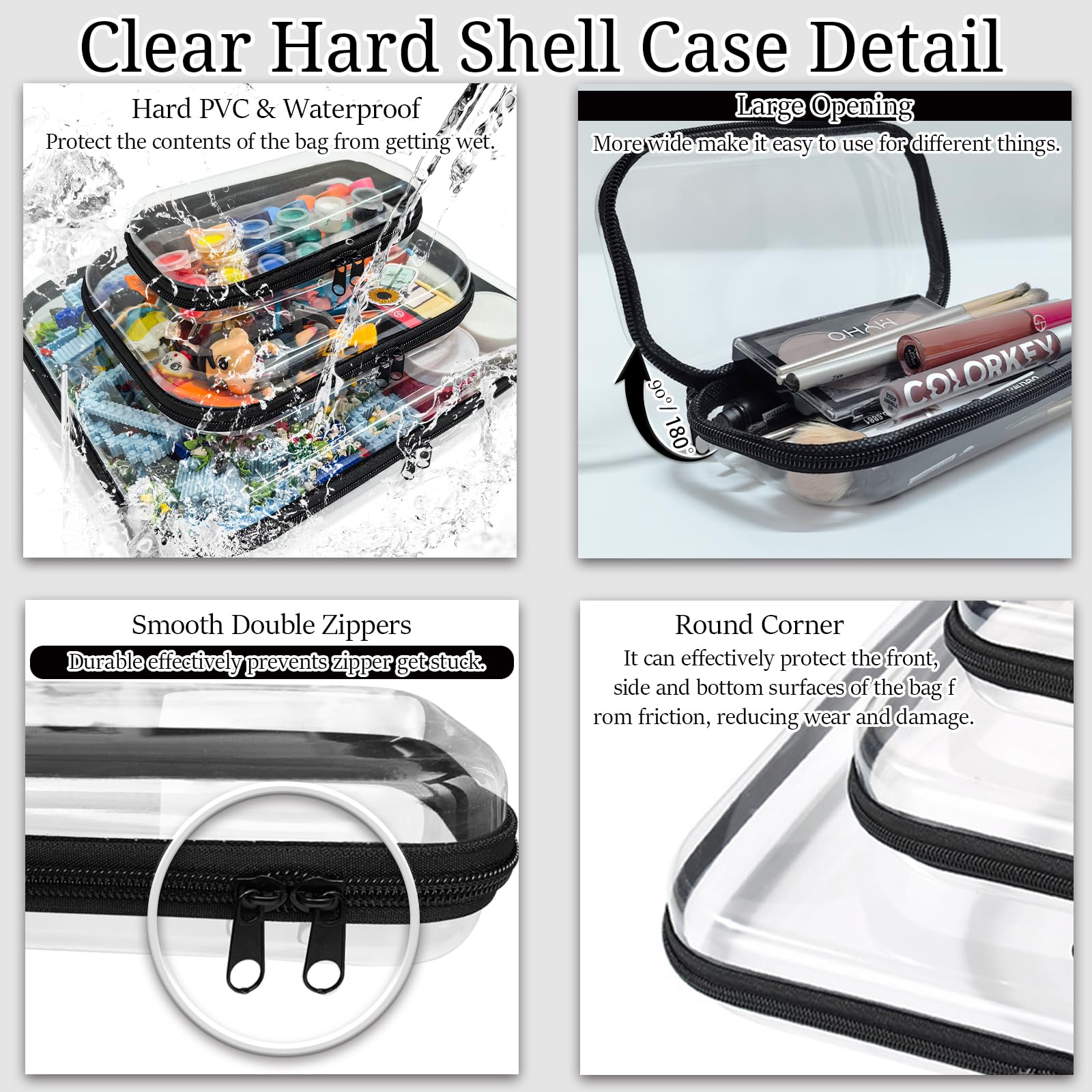 3-Pack Clear Hard Shell Zipper Cases - Transparent Plastic Makeup Bags & Travel Storage Organizers for Cosmetics, Jewelry, Toiletries | Portable Waterproof Pouches for Home, Office & Vacation Use