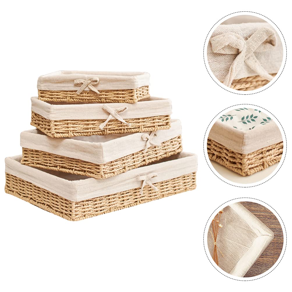 Cabilock 4-Piece Woven Hyacinth Storage Baskets - Small Desk Organizer, Dresser Tray, Food & Fruit Storage Bin for Kitchen, Bathroom, Office - Perfect for Dried Fruits, Straws & Home Organization