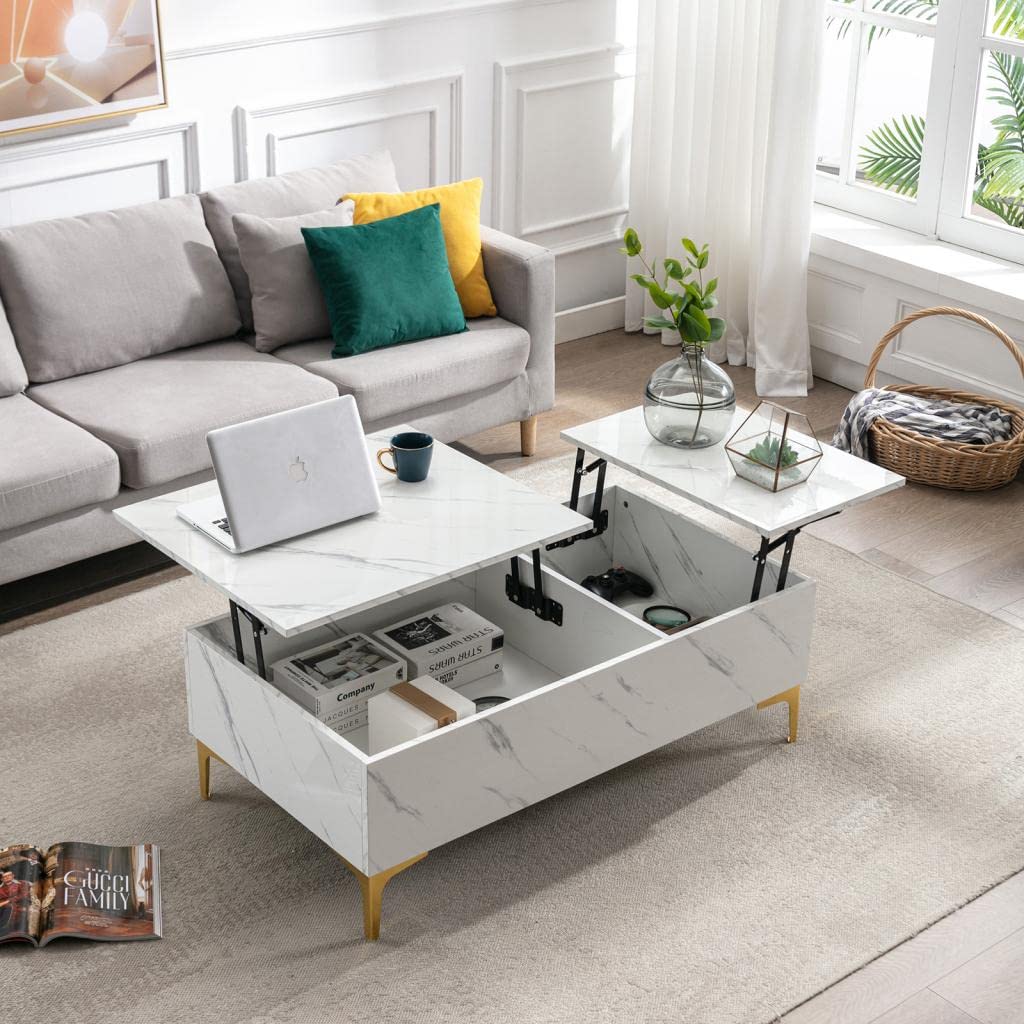 Modern Lift Top Extendable Coffee Table with Storage - White Marble Print Living Room Furniture with 4 Metal Legs, High Gloss Rectangle Design for Living Room, Waiting Area & Small Space (39.4