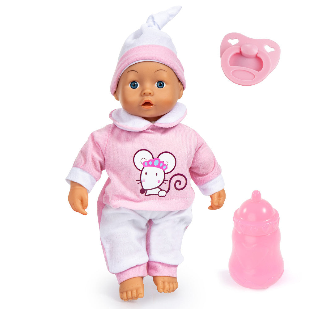 Bayer Design 14 Inch Interactive Baby Doll with Pink Mouse Outfit - Realistic Crying, Feeding & Sleeping Features for Toddlers - Perfect Gift for Girls Ages 3-6 for Pretend Play & Role Playing Games