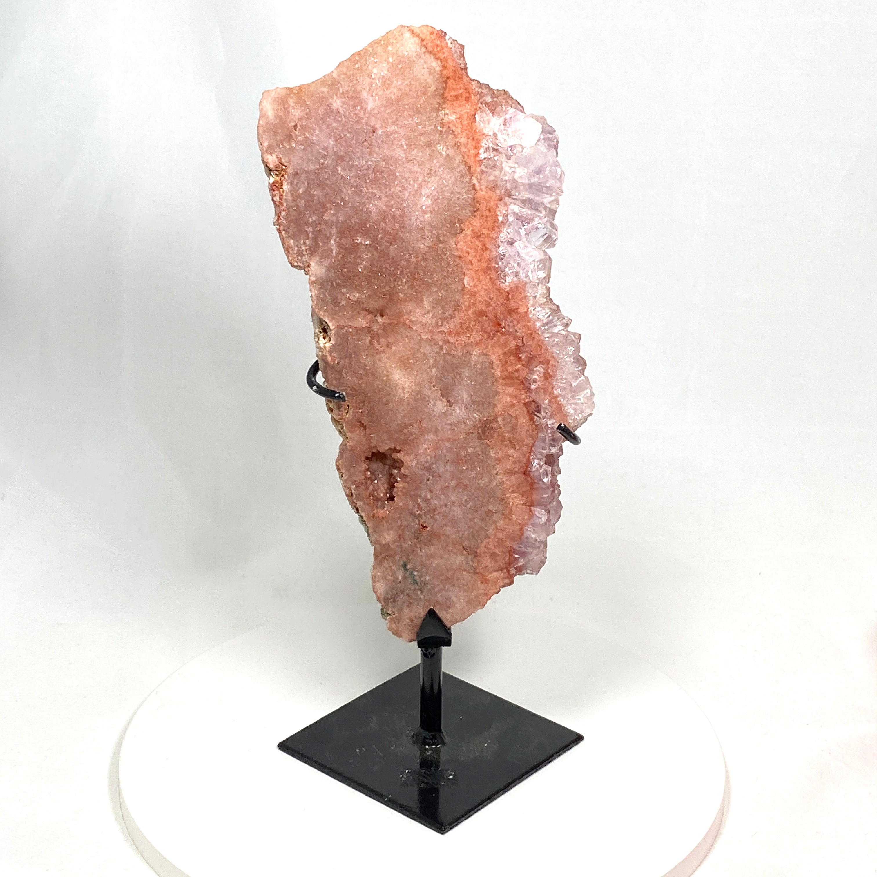 Natural Pink Amethyst & Quartz Crystal Slice on Wooden Stand - Healing Stone Decor for Home, Office & Meditation Space - PASL01
