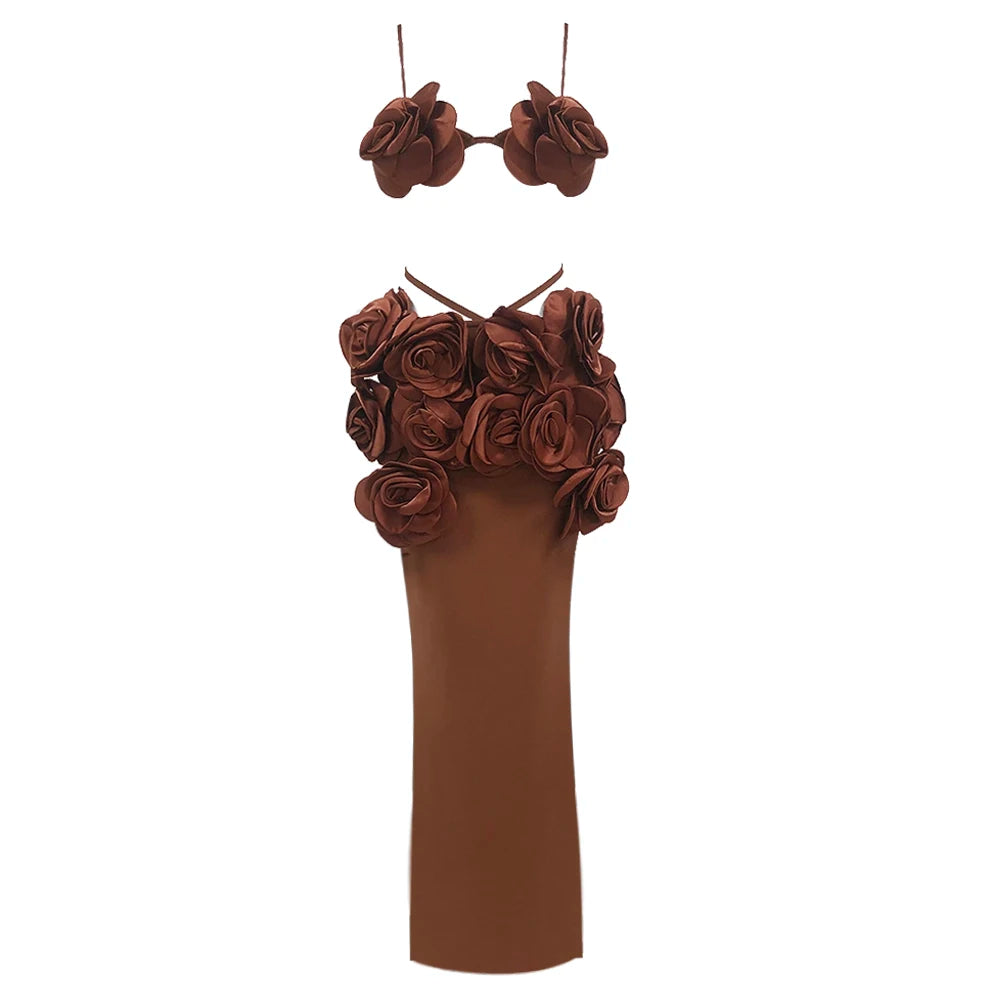 Sexy Brown Floral Bandage Tops for Women - 2 Piece Bodycon Long Dress Set for Nightclub, Party & Photo Shoot | Elegant Evening Wear & Special Occasion Outfit