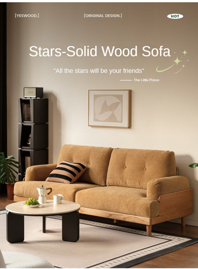 Premium Oak Solid Wood High Back Sofa with Genuine Leather & Fabric Upholstery - Modern Living Room Furniture for Home & Office Comfort