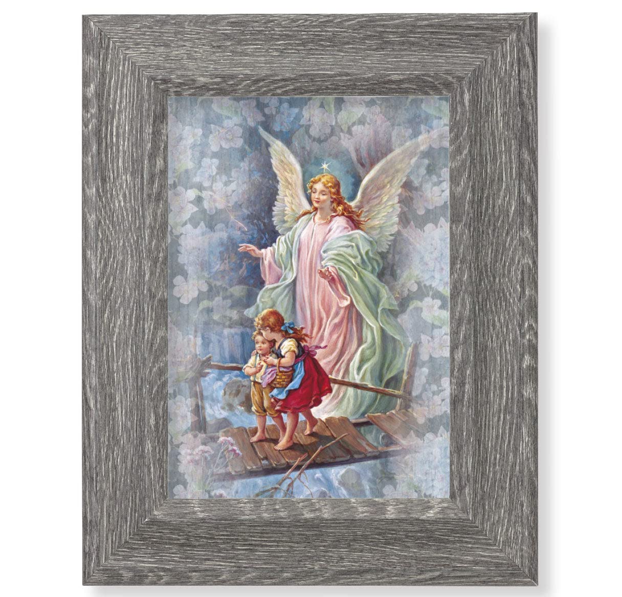 Guardian Angel Framed Wall Art - Small Size with Dark Gray Weathered Oak Finish - Perfect for Home, Office & Nursery Decor - Inspirational Gift Idea for Housewarming, Birthday & Holidays