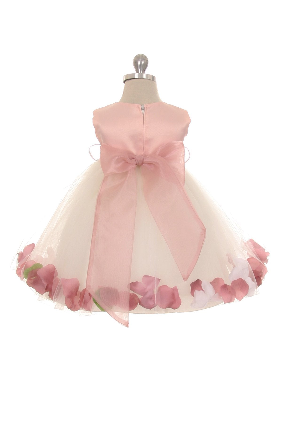 Elegant Dusty Rose Satin Flower Petal Baby Dress with Organza Sash - Perfect for Christening, Photoshoots & Special Occasions