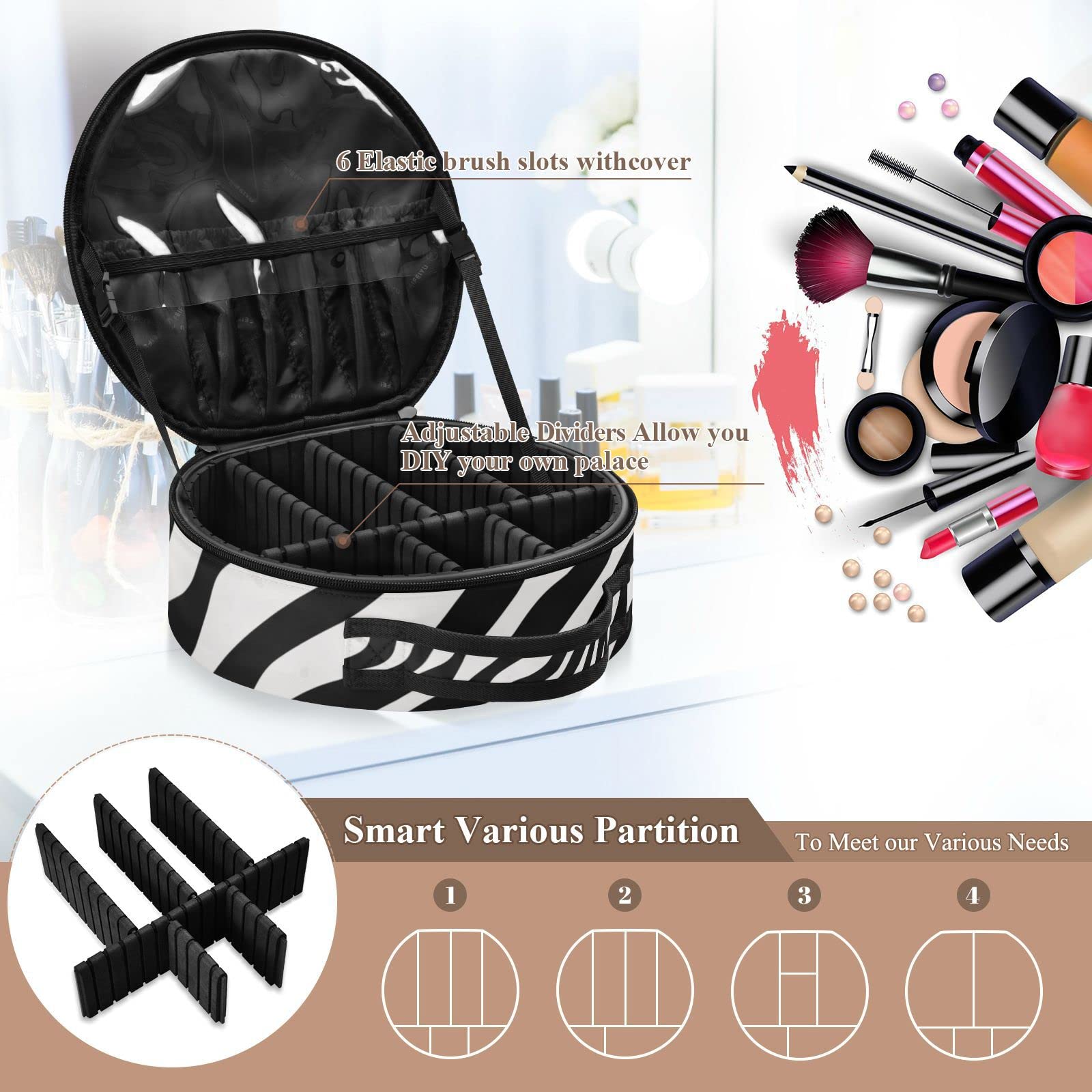 Linqin Portable Makeup Bag for Women - Travel Makeup Organizer with Adjustable Dividers, Black White Zebra Fur Cosmetic Case for Brushes, Toiletries & Jewelry | Perfect for Travel, Gym & Daily Use