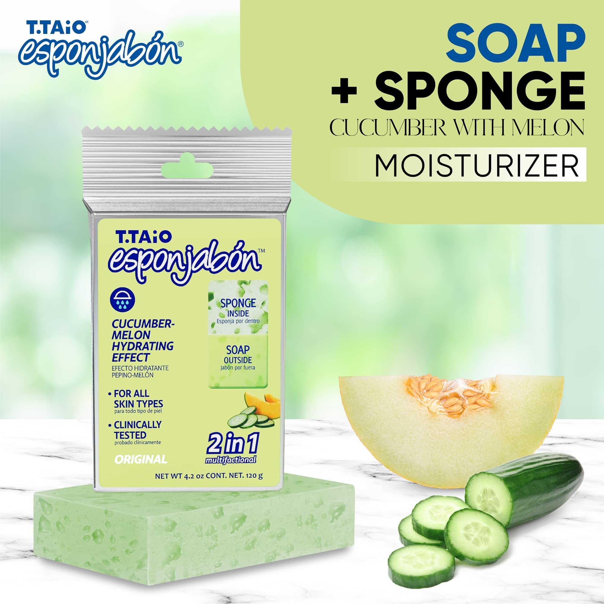 T.Taio Exfoliating Soap Sponge - Deep Cleansing Shower Scrubber for Body & Face - Oil Removal & Dead Skin Exfoliation - Massage & Lather for Feet, Elbows & Back - Cucumber Melon Scented Bath Accessories - Perfect for Spa Day & Dry Skin Care