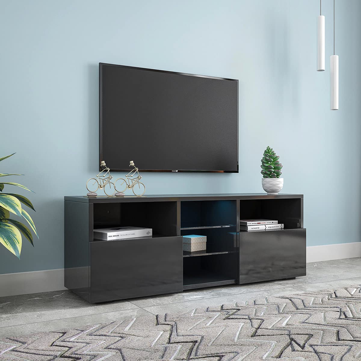 47.2 Inch Modern Minimalist 2-Door TV Stand with LED Lights - High Gloss Entertainment Center for 55 Inch TVs - Black | Perfect for Living Room, Bedroom & Home Theater Setup