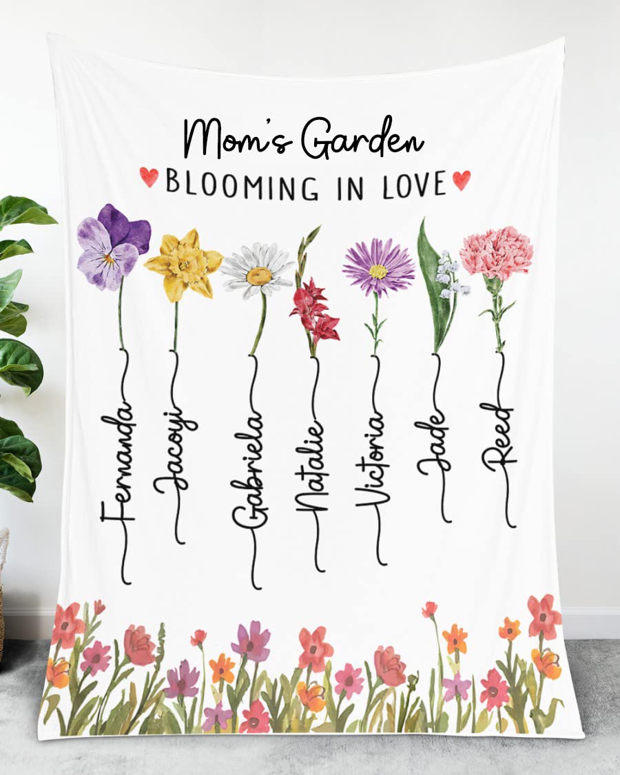 Personalized Mom Blanket with Kids Names - Custom Grandma Garden Blanket for Mother's Day, Birthday & Anniversary Gifts - Birth Month Flower Throw for Nana Mimi Gigi Mommy - Perfect for Cozy Family Nights, Nursery Decor & Thoughtful Gift Giving