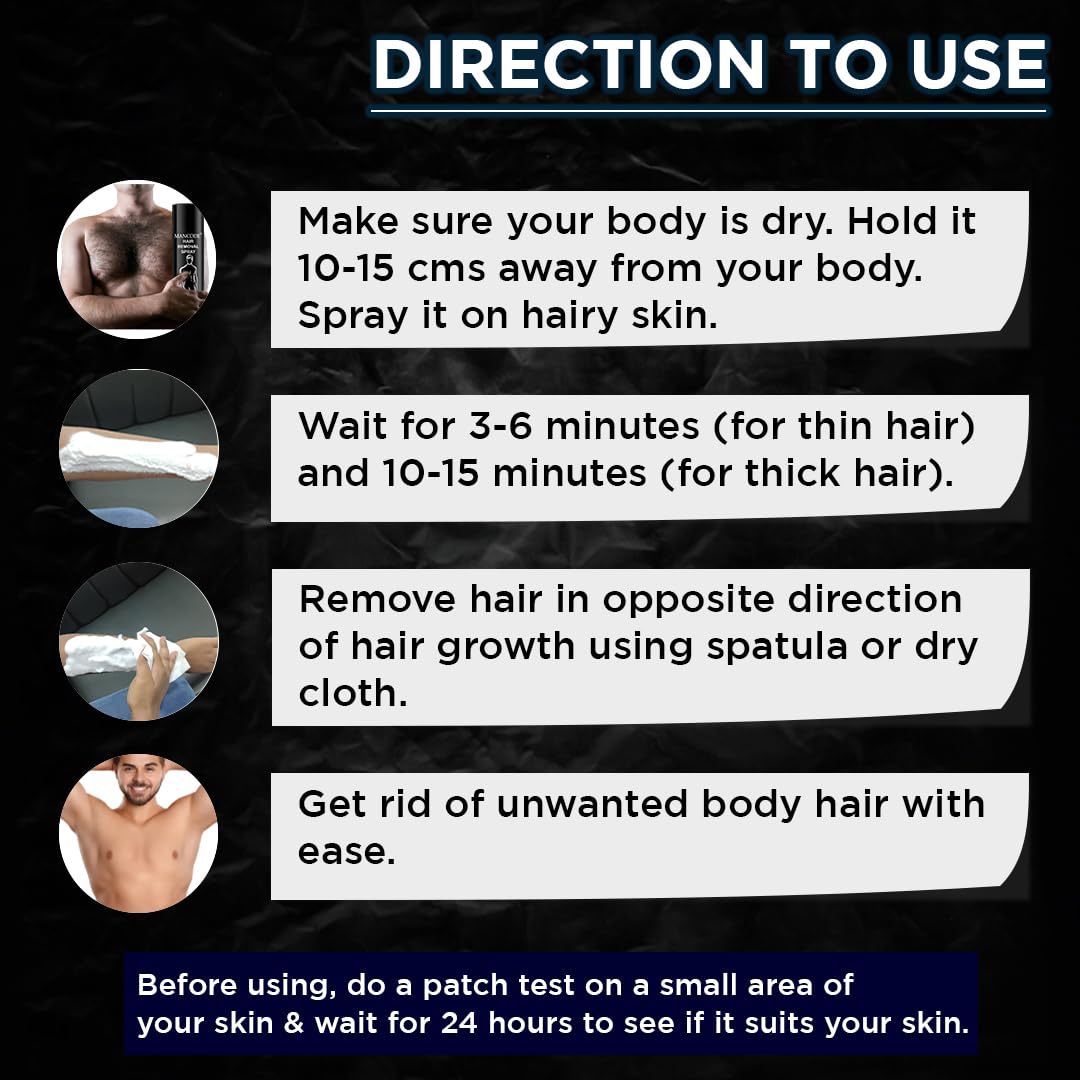 Mancode Hair Removal Spray for Men - Painless Body Hair Remover for Back, Chest, Legs, Arms & Intimate Areas - Fast Acting in 3-6 Minutes - 200ml - Ideal for Smooth Skin Before Beach, Gym or Date Night