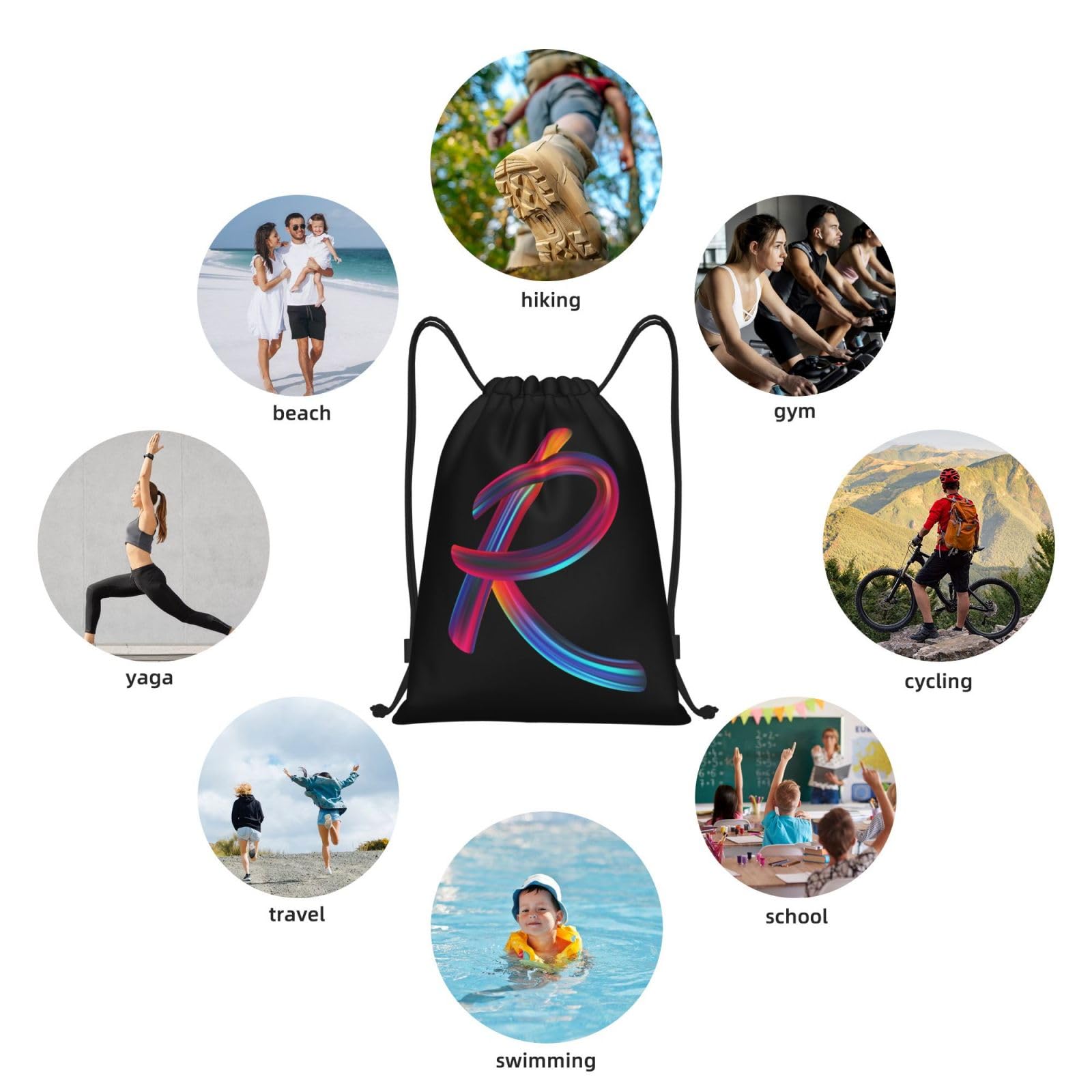 Custom Initial Drawstring Backpack - Black Cinch Sackpack for Sports, Gym, Travel, Swimming, Beach & Camping - Personalized Letter R Design - Perfect for Workouts, Vacations & Outdoor Adventures