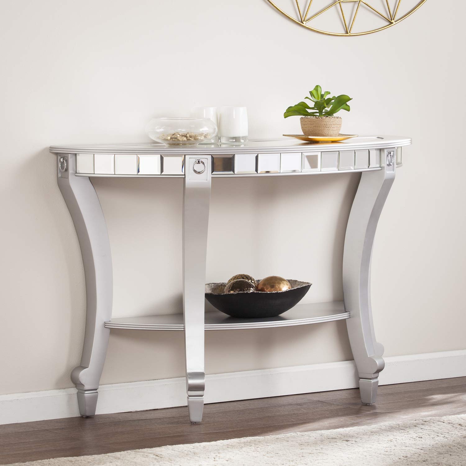 SEI Furniture Lindsay Glam Mirrored Demilune Console Table - Silver Finish Entryway Hallway Table for Home Decor & Living Room