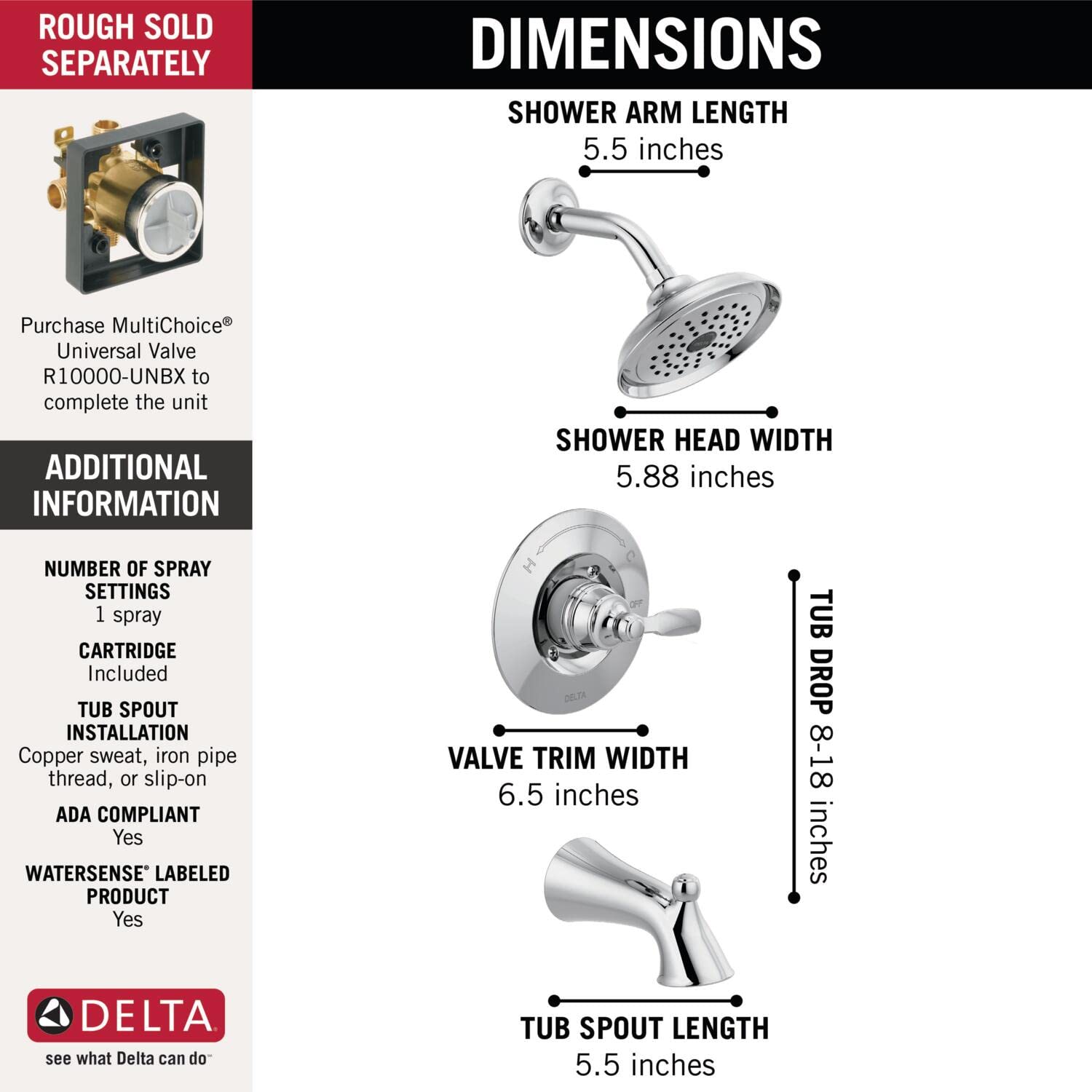 Delta Faucet Woodhurst 14 Series Single-Handle Chrome Tub and Shower Faucet with Single-Spray Shower Head - T14432 Chrome Shower Trim Kit (Valve Not Included) - Perfect for Modern Bathroom Renovations and Spa-Like Shower Experiences