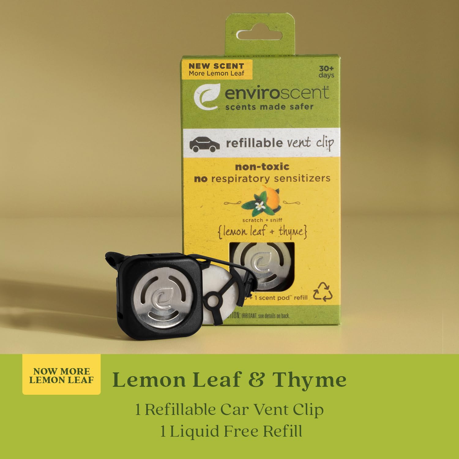Enviroscent Non-Toxic Car Air Freshener - Lemon Leaf & Thyme Scent with Essential Oils | Long-Lasting 30+ Days Fragrance | Includes 1 Refillable Vent Clip & 1 Scent Refill | Perfect for Cars, Trucks & SUVs | Eliminates Odors & Freshens Air Naturally