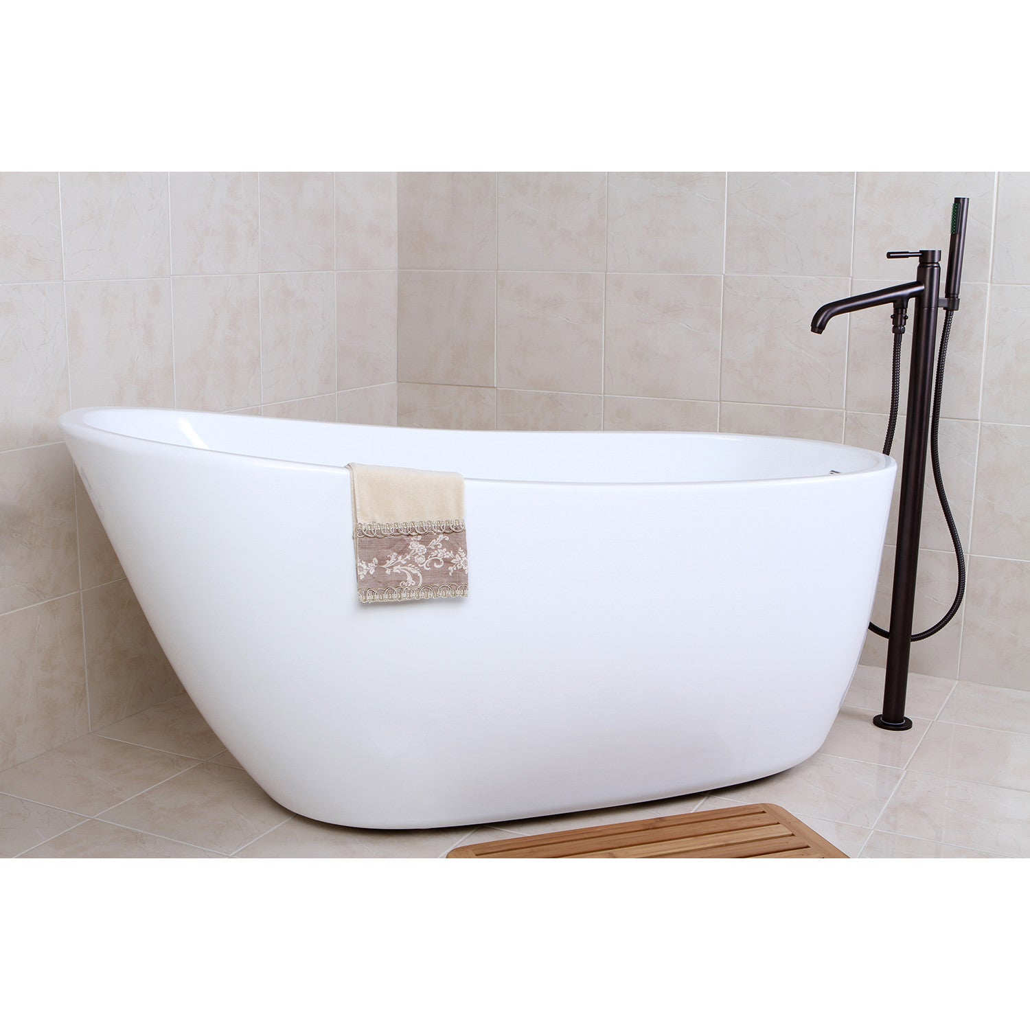 Aqua Eden VTRS592928 59-Inch Glossy White Acrylic Oval Freestanding Bathtub with Drain - Perfect for Luxury Bathrooms & Spa-Like Relaxation