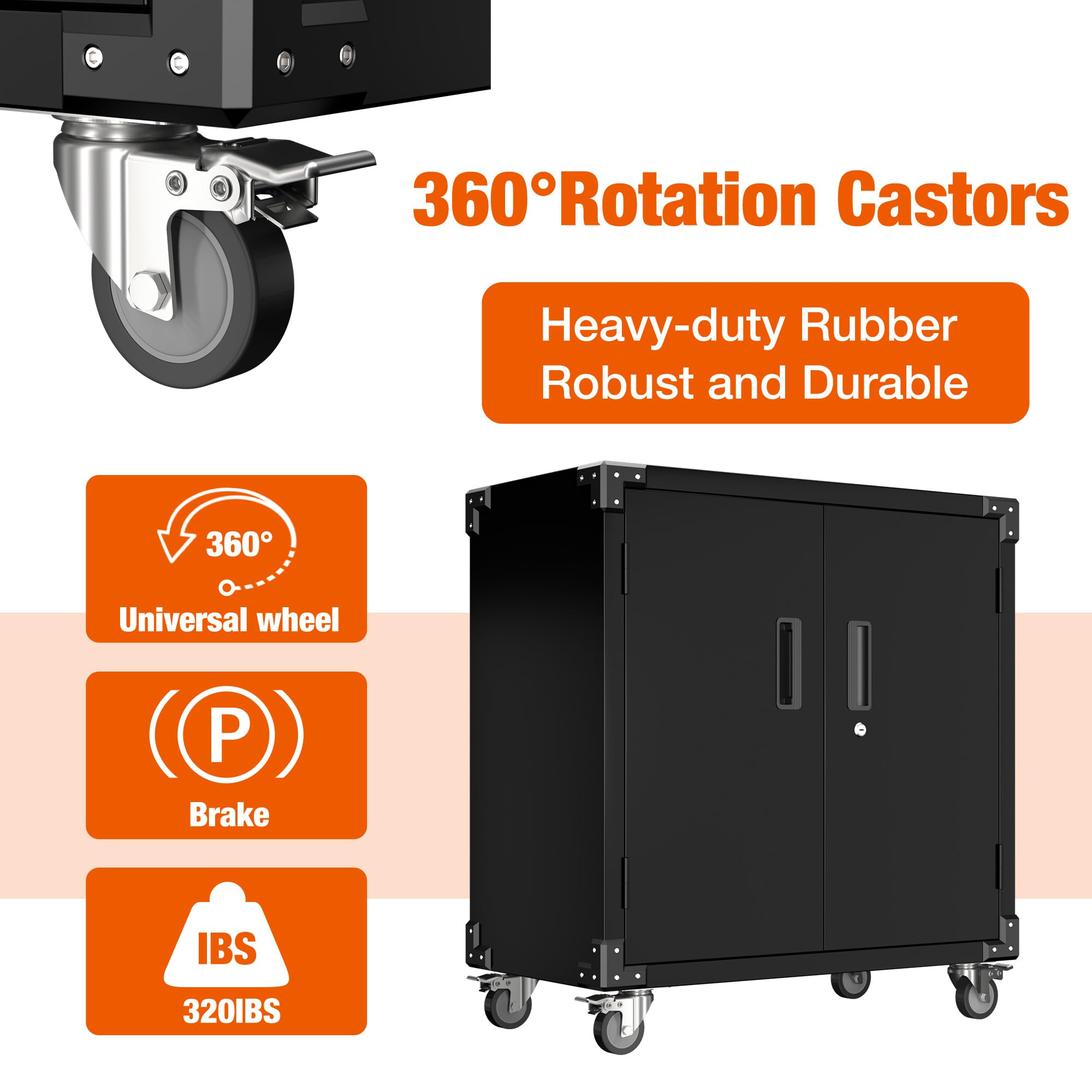 Garage Storage Cabinet - Heavy Duty 2-Door Locking Steel Tool Cabinet on Wheels with 2 Adjustable Shelves for Garage, Workshop, School & Warehouse Organization (Black) - Perfect for Storing Tools, Equipment & Supplies with Easy Mobility