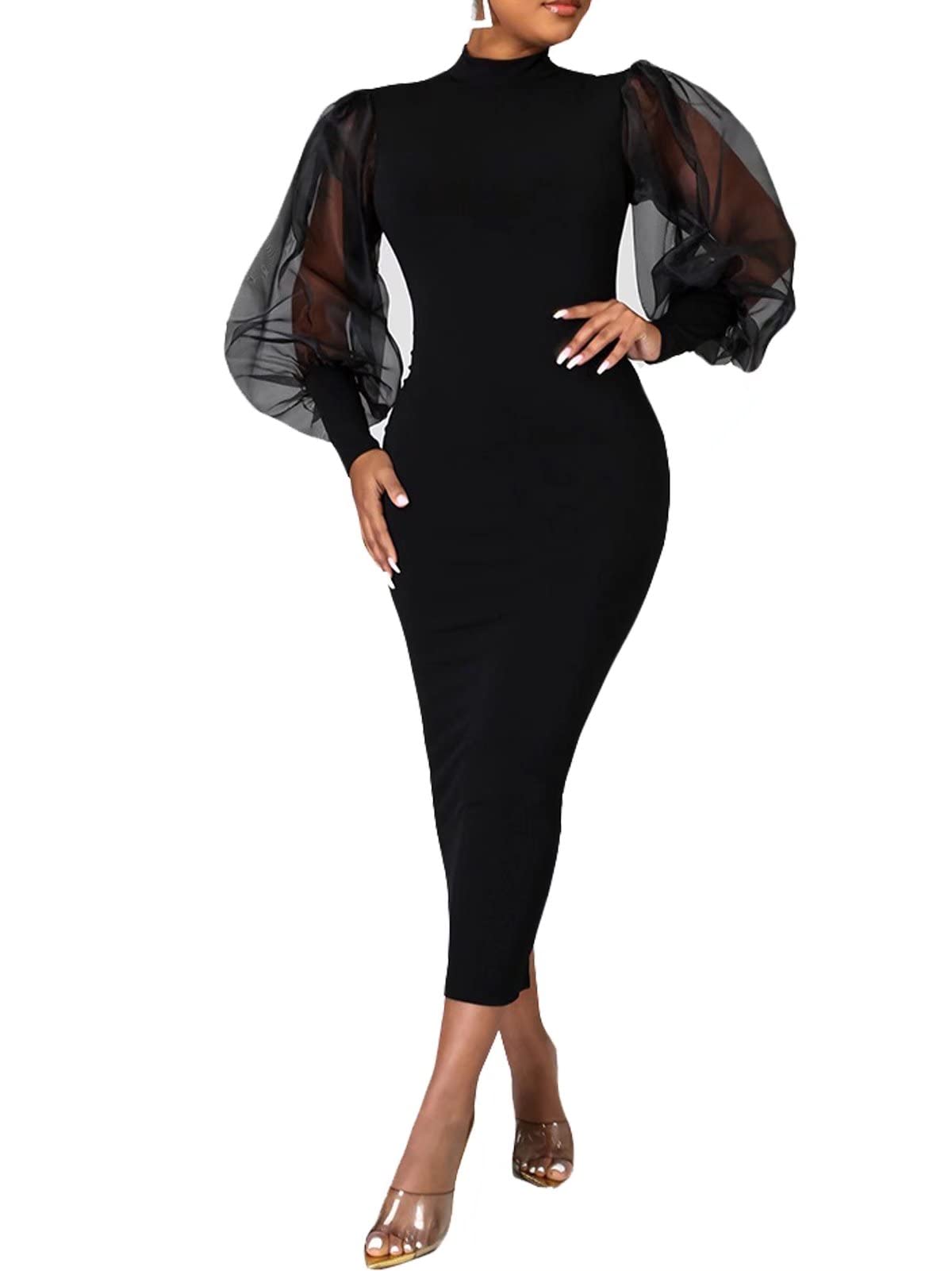 Sexy Sheer Mesh Bodycon Dress for Women - Long Puff Lantern Sleeve See-Through Club Party Midi Dress | Perfect for Night Out, Date Night & Special Occasions