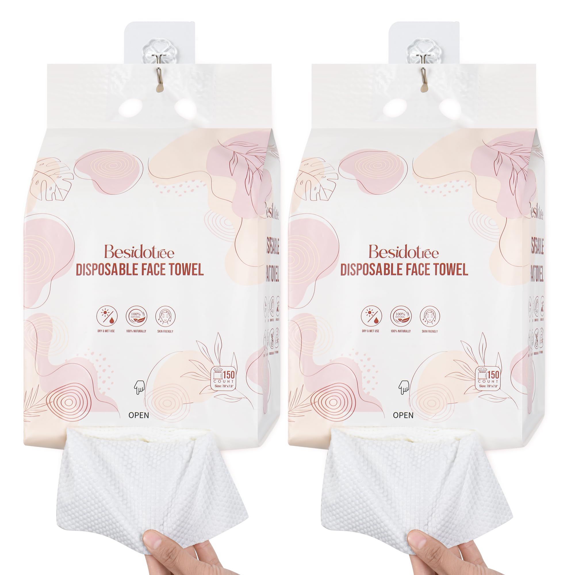 Disposable Face Towels 300ct (2 Pack) - Thick & Durable Facial Towels for Skin Care & Makeup Removal | Hanging Door/Wall Towel Holder | Multi-Purpose for Bathroom, Sink & Toilet | Perfect for Travel, Gym & Daily Skincare Routine