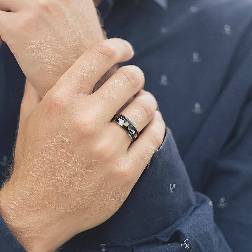 Premium Tungsten Carbide Men's Wedding Band Ring - Gold Gear Design with Meteorite Inlay & Color Stones | Punk Mechanical Style for Engagement & Anniversary | Durable Polish Finish in Blue Black/Silver | Perfect for Everyday Wear, Special Occasions & Gift Giving
