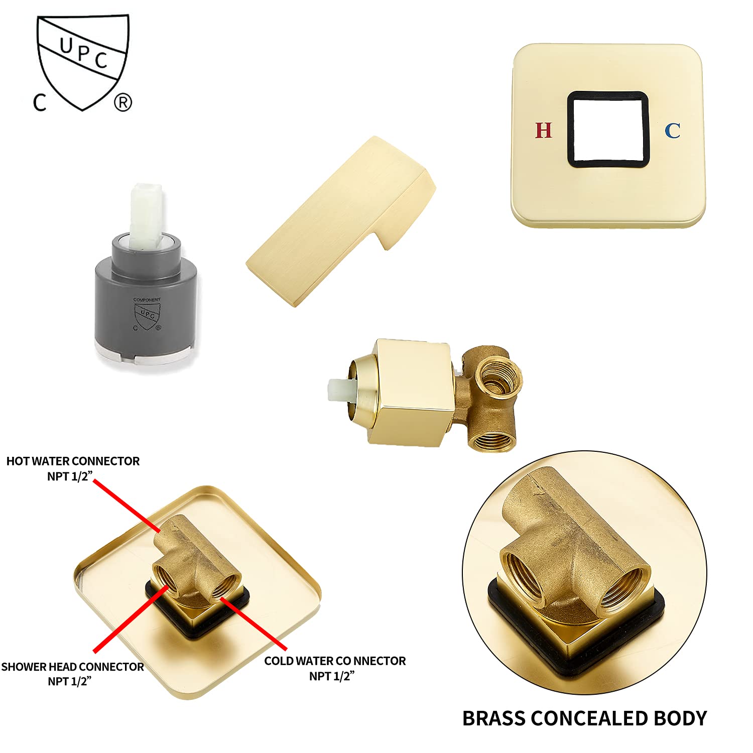 GGStudy Brushed Gold Single Function Shower Trim Kit with Rough-in Valve - 8 Inch Square Stainless Steel Rainfall Shower Head - Modern Bathroom Faucet System for Luxurious Spa-like Experience