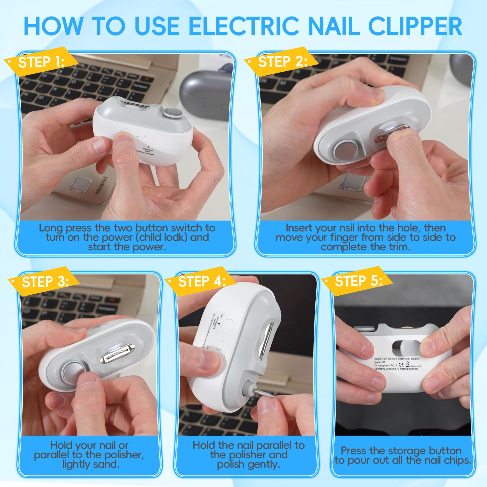 3-in-1 Electric Nail Clipper & Trimmer with LED Light - USB Rechargeable Nail File & Polisher for Baby, Kids, Adults & Seniors - Portable Nail Care Kit for Travel, Home & Salon Use (Frosted White)