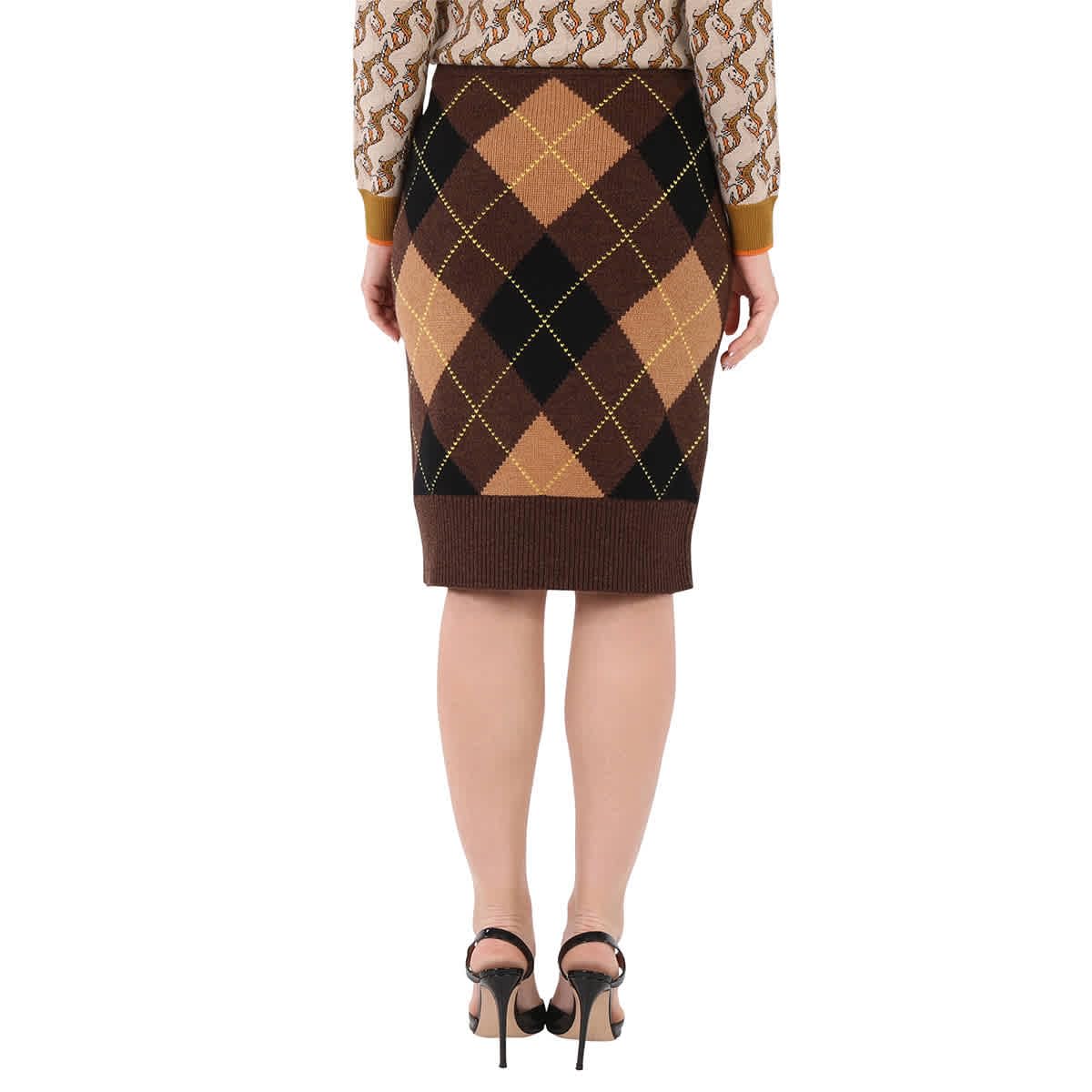 BURBERRY Women's Argyle Intarsia Wool Cashmere Pencil Skirt - Medium Size | Classic Plaid Design for Office, Party & Winter Fashion
