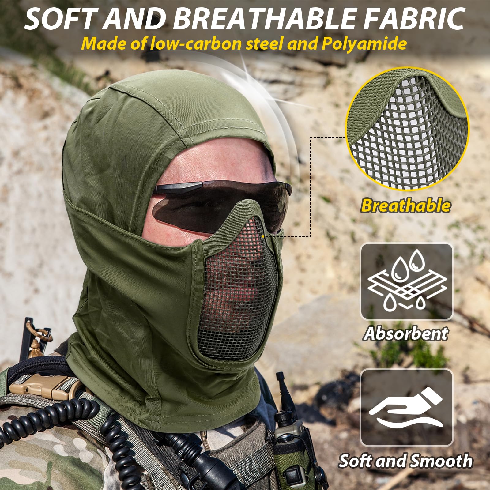 AOUTACC Balaclava Airsoft Mask - Ninja Style Full Face Protection Hood for Airsoft, CS War Games, BB Guns, Hunting & Paintball - Tactical Gear for Outdoor Sports & Military Training