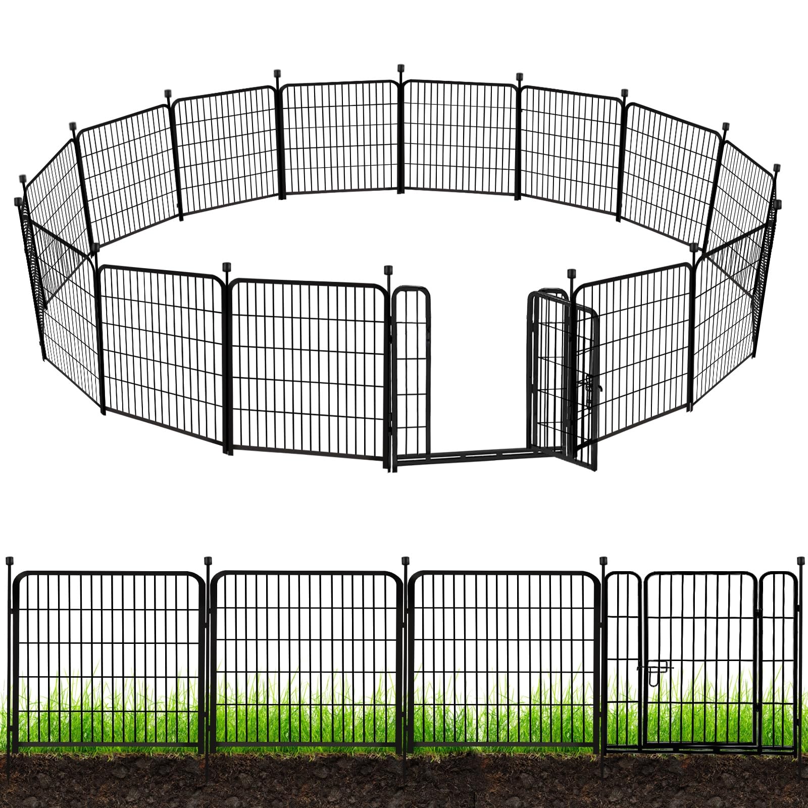 ADAVIN 40-Inch Tall x 31-Foot Long Heavy Duty Iron Metal Garden Fence with Gate - 14 Panels Low Threshold Pet Barrier for Dogs & Rabbits - Outdoor Camping, Flower Bed Border, Temporary Black Yard Fencing for Backyard, Garden Protection & Landscape Decoration