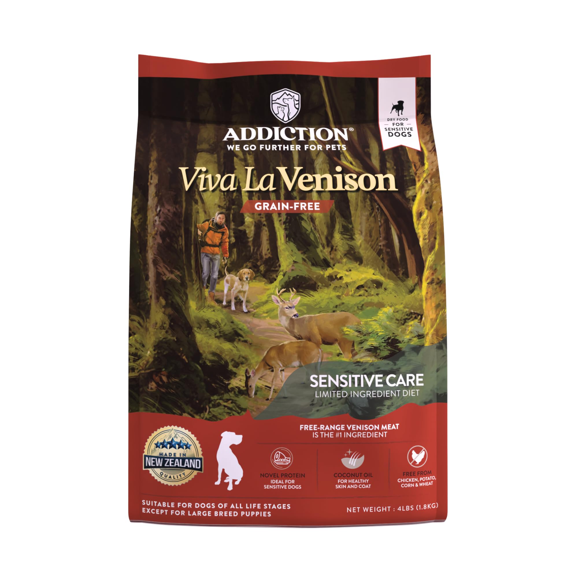 Addiction Viva La Venison Premium Grain-Free Dry Dog Food - Single Protein & Novel Meat with Probiotics - No Chicken, Beef, or Turkey - Ideal for All Dogs & Puppies 4lb - Supports Digestion & Skin Health - Perfect for Sensitive Stomachs & Allergy Relief - Great for Daily Feeding & Training Treats