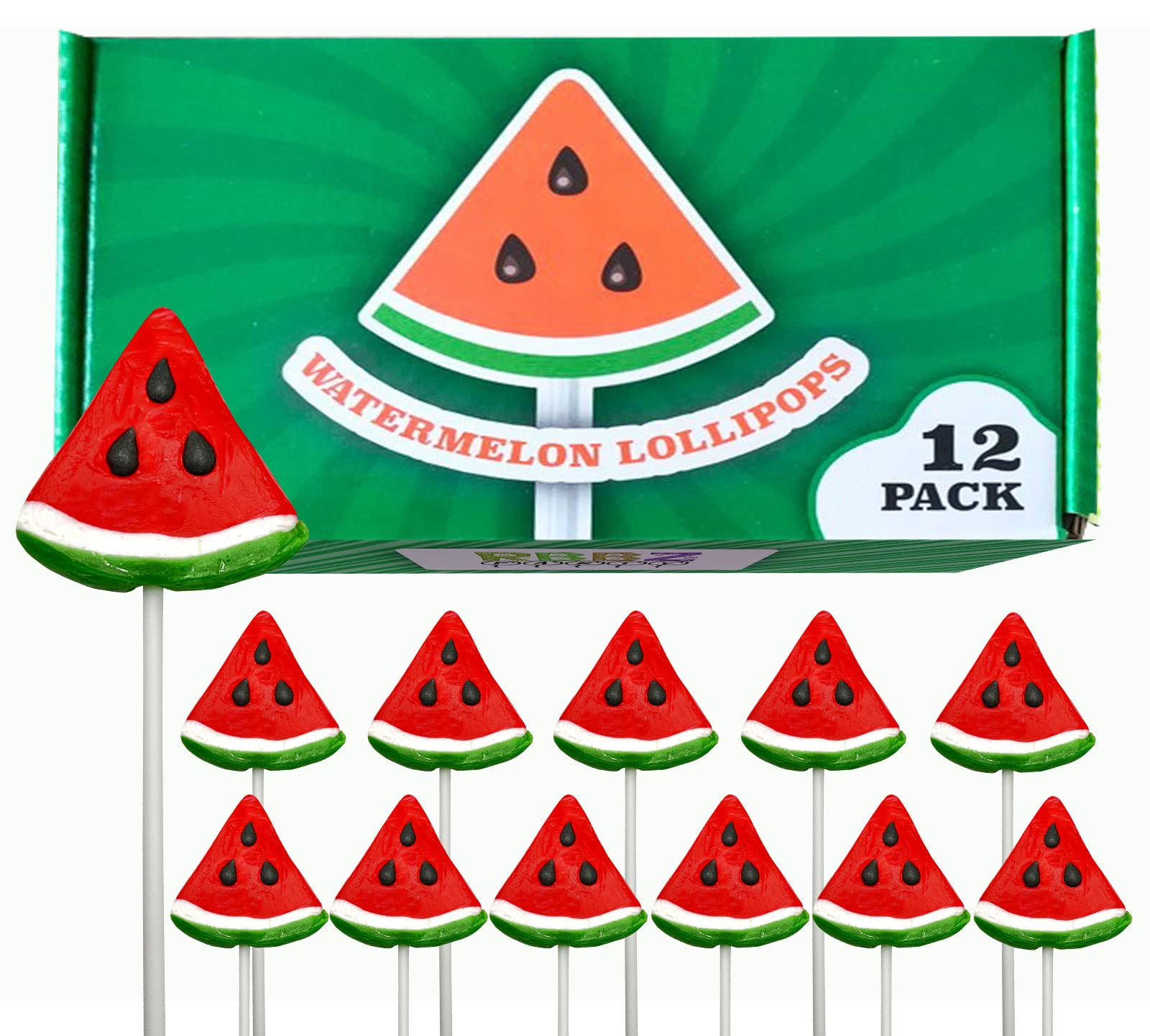 Juicy Watermelon Candy Lollipops - 12 Individually Wrapped Suckers - Sweet Summer Party Favors for Kids Birthday, Pool Party & Wedding Candy Buffet - Perfect for BBQ, Goodie Bags & Hand-Decorated Dessert Tables