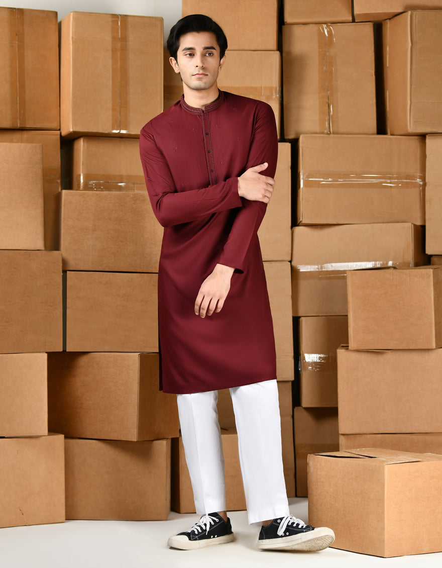 Stylish Blended Red Shalwar Kameez by J. Junaid Jamshed - Traditional Pakistani Outfit for Weddings & Festivals