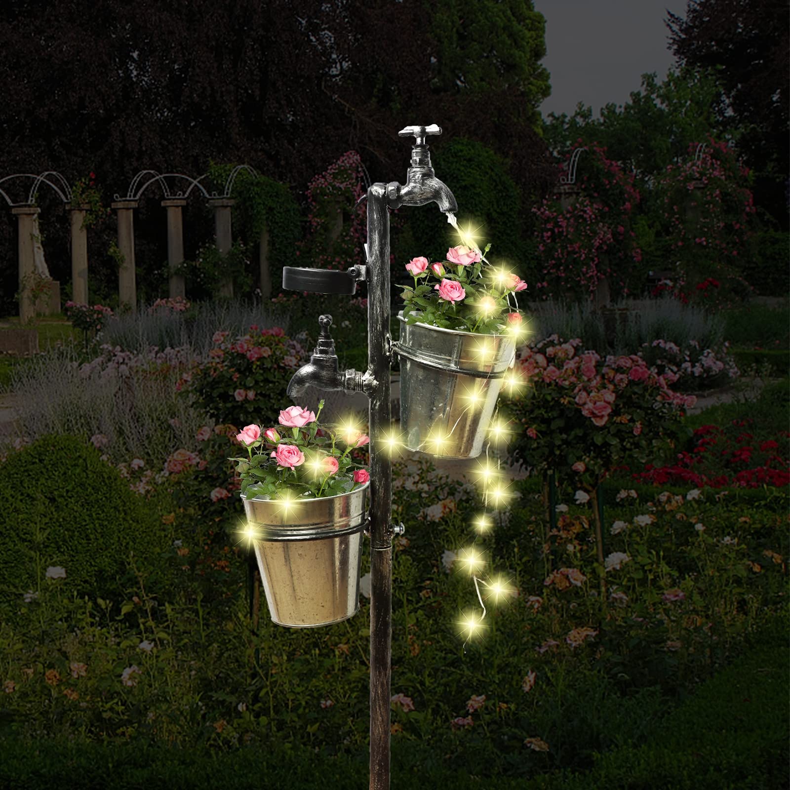MorTime Solar-Powered LED Garden Faucet Stake with 2 Planters - Retro Metal Watering Can Yard Decor for Lawn, Patio & Outdoor Spaces | Perfect for Flower Beds, Pathways & Garden Lighting