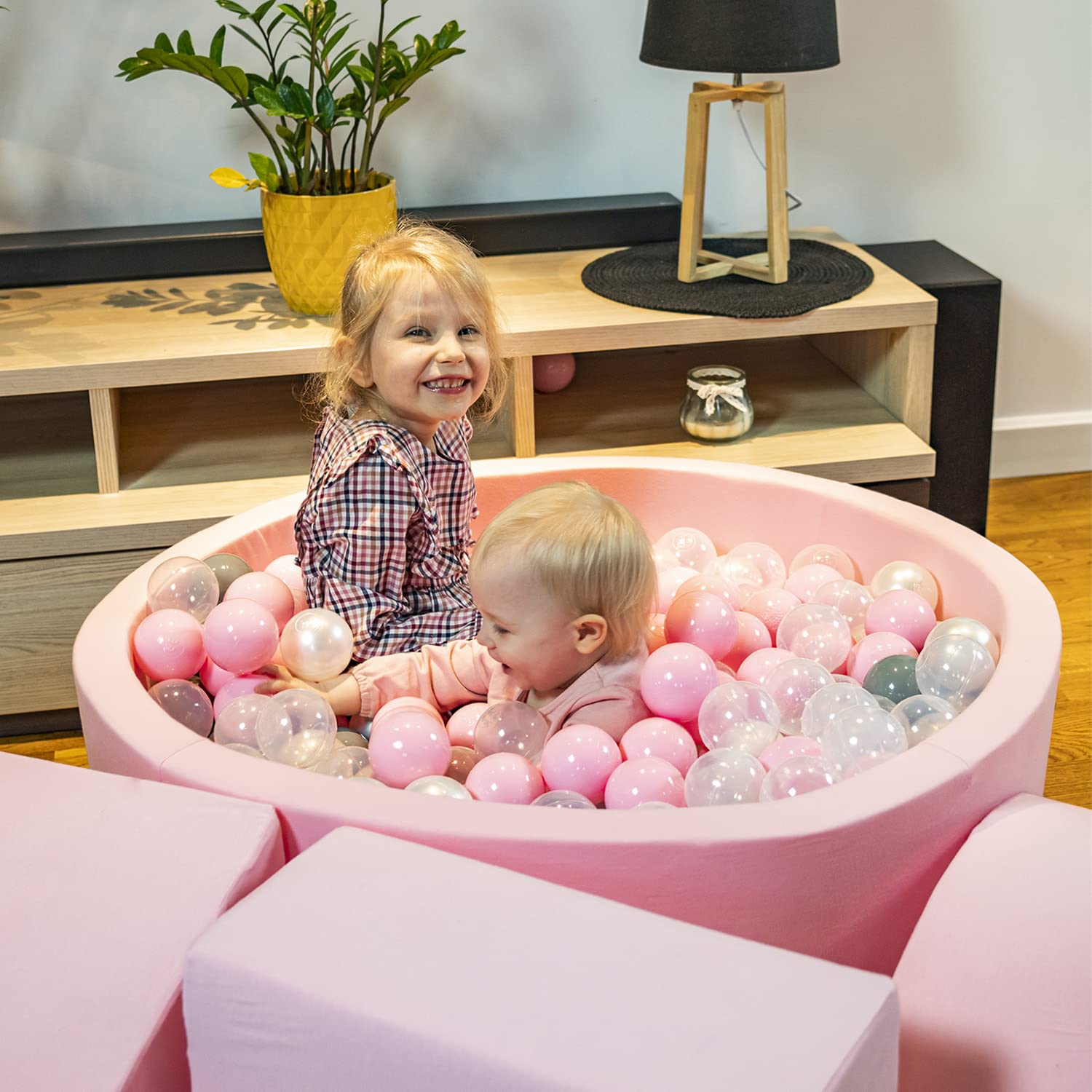 KiddyMoon Foam Play Mat with Ball Pit Square (200 Balls) for Kids - Pink Pearl/Gray/Transparent/Powder Pink | Indoor Toddler Playroom, Daycare & Birthday Party Activity