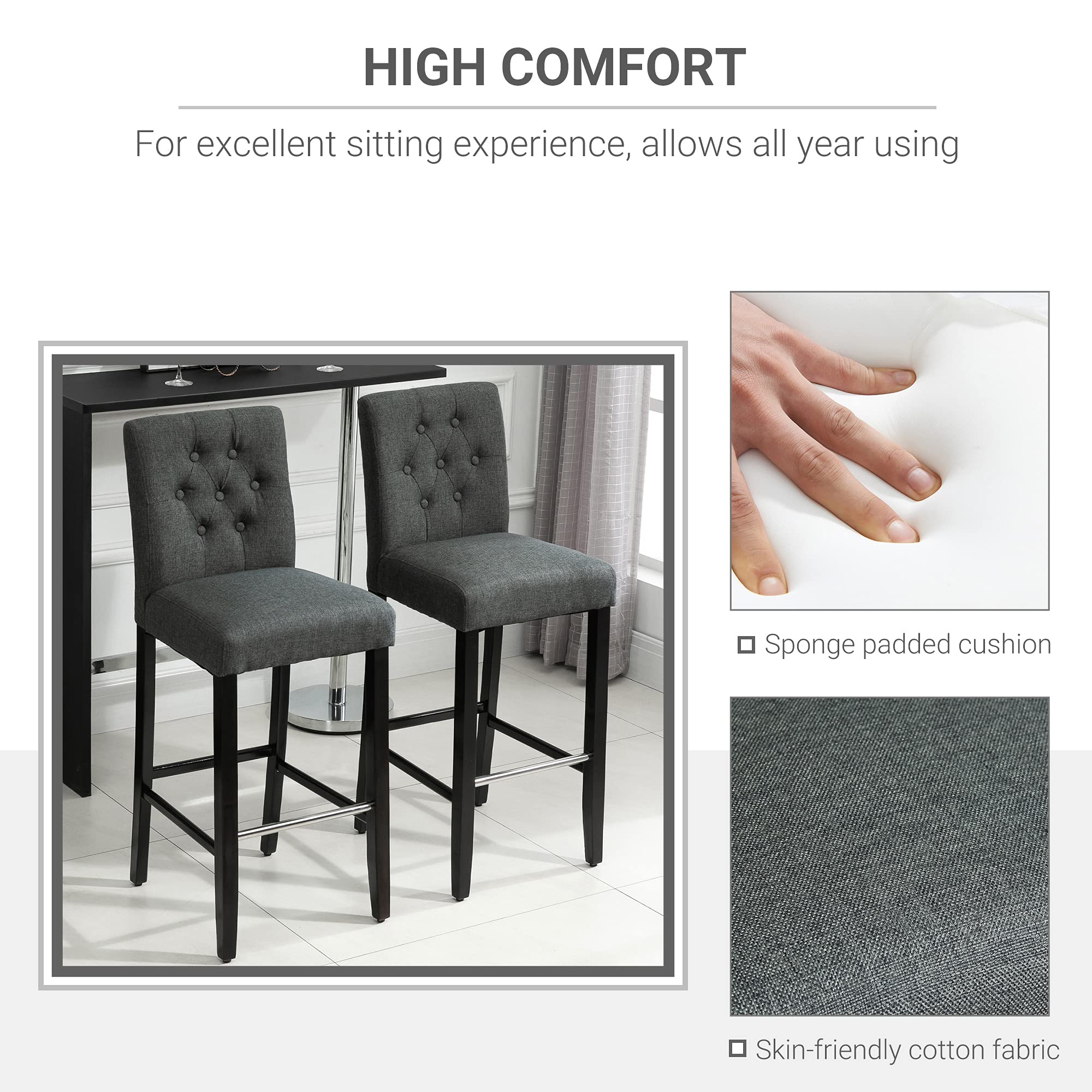 HOMCOM 30 Inch Bar Height Barstools Set of 2 - Linen Upholstered Breakfast Stools with Back Support, Footrest & Solid Wood Legs - Armless Bar Chairs for Kitchen, Dining Room, Counter - Grey - Perfect for Home Bars, Breakfast Nooks & Small Spaces