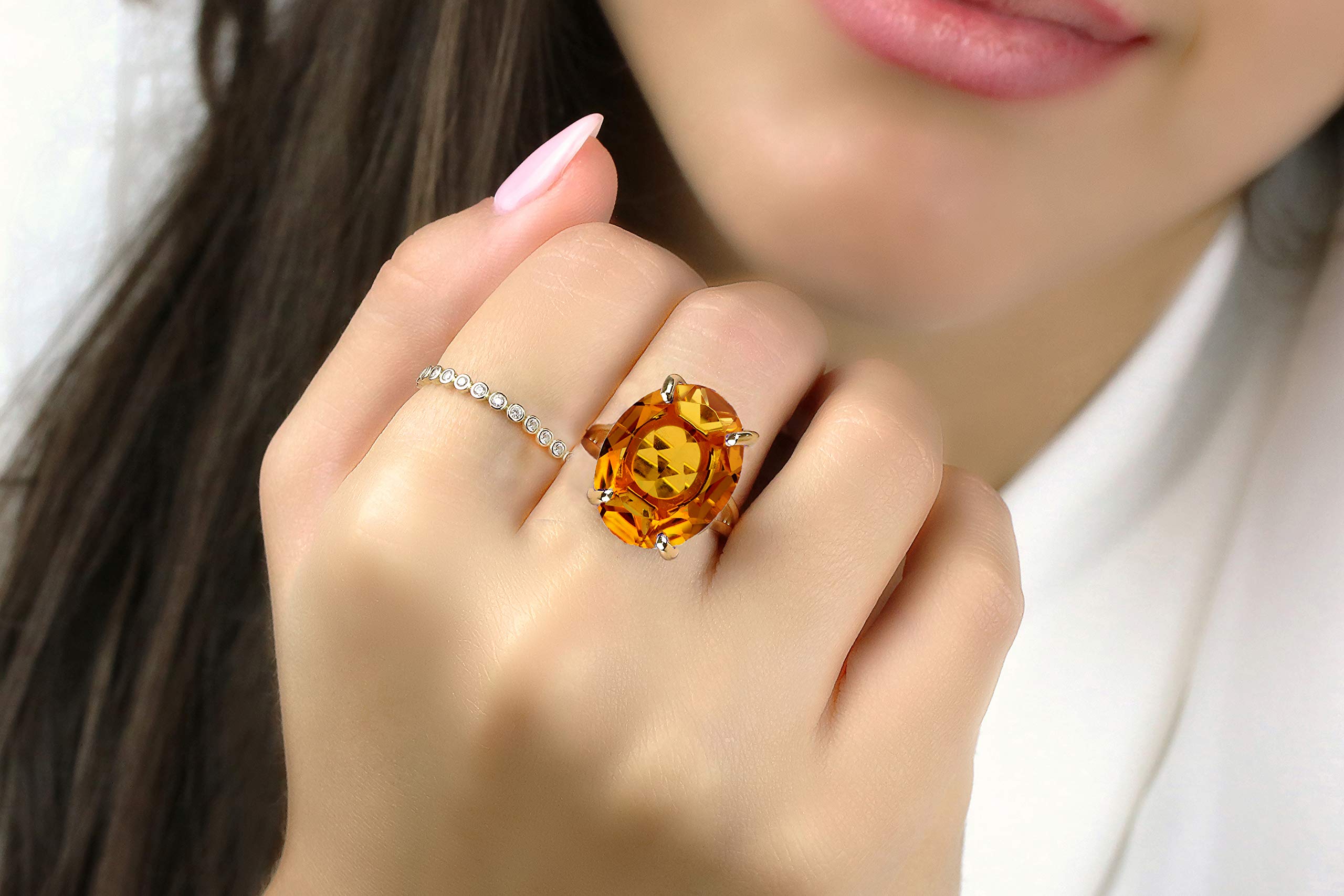 14K Gold Oval Citrine Ring for Women - Elegant Vibrant Citrine Jewelry, Fashion & Bridal Gift - Choose Size & Finish - Comes with Fancy Gift Box - Perfect for Weddings, Anniversaries & Special Occasions