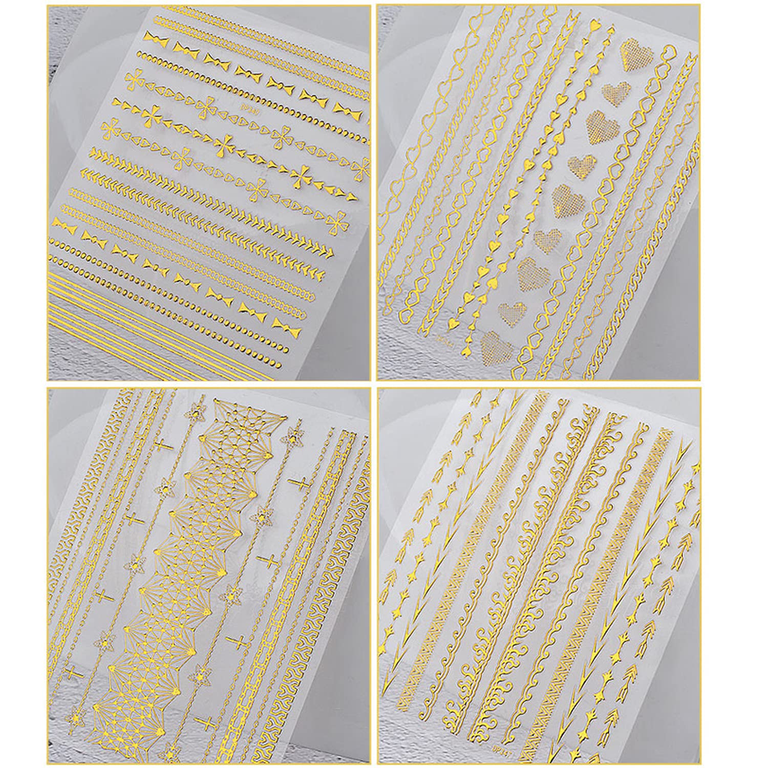8 Sheets Gold 3D Nail Art Stickers - Self-Adhesive Metallic Chains, Lines, Triangle, Heart & Circle Nail Decals - Holographic Glitter Nail Supplies for Women & Girls - Perfect for Manicures, Parties, Weddings & Special Occasions