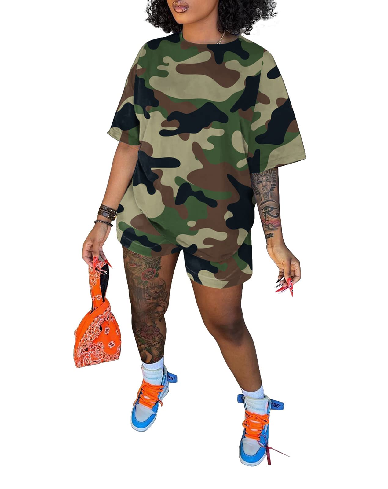 Ophestin Camo Print 2 Piece Outfits - Women's Camouflage Romper Set with T-Shirt & Shorts, Joggers Tracksuit for Sports, Gym, Running & Outdoor Activities
