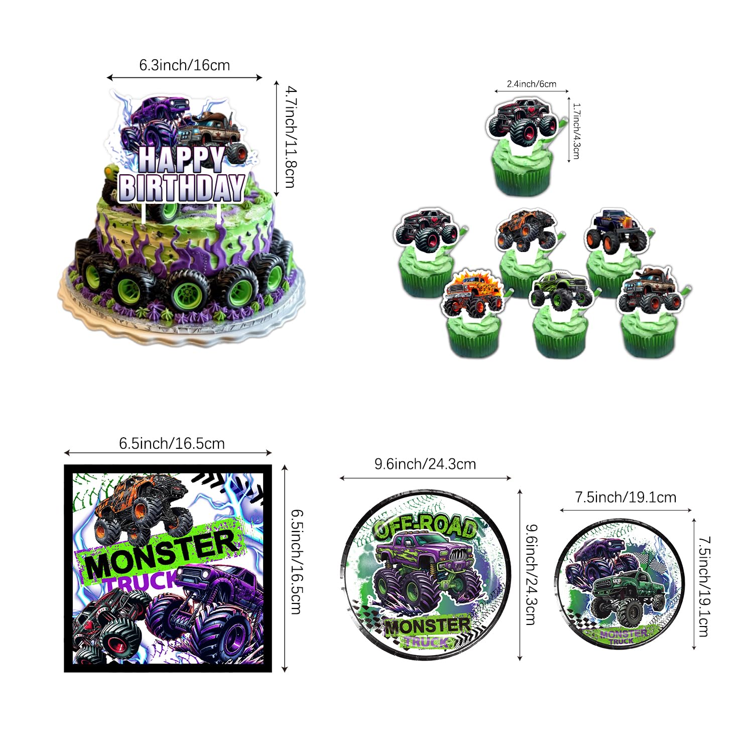 150Pcs Monster Truck Birthday Party Decorations Set - Includes Balloon Arch, Backdrop, Cake Toppers, Tableware & Tablecloth - Perfect for Kids Birthday, Themed Parties & Truck Lover Celebrations